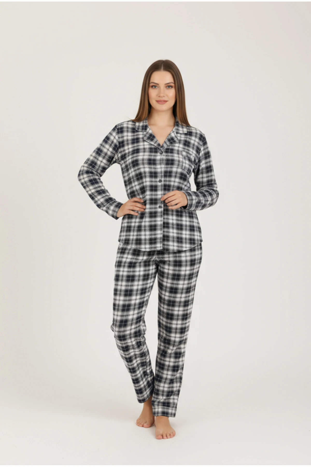 Luxury Viscose Lacivert Ekose Desenli Kadın Uzun Kollu Büyük Beden Pijama Takımı – 42527