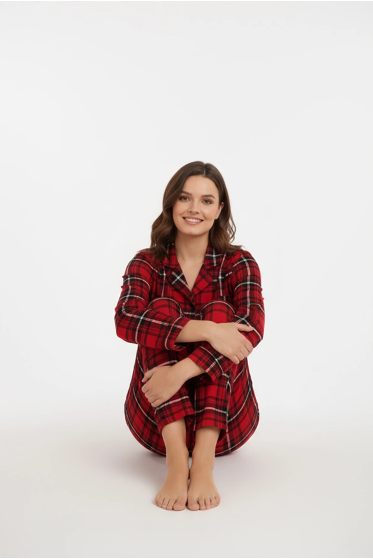 Luxury Viscose Kırmızı Ekose Desenli Kadın Uzun Kollu Büyük Beden Pijama Takımı – 42513