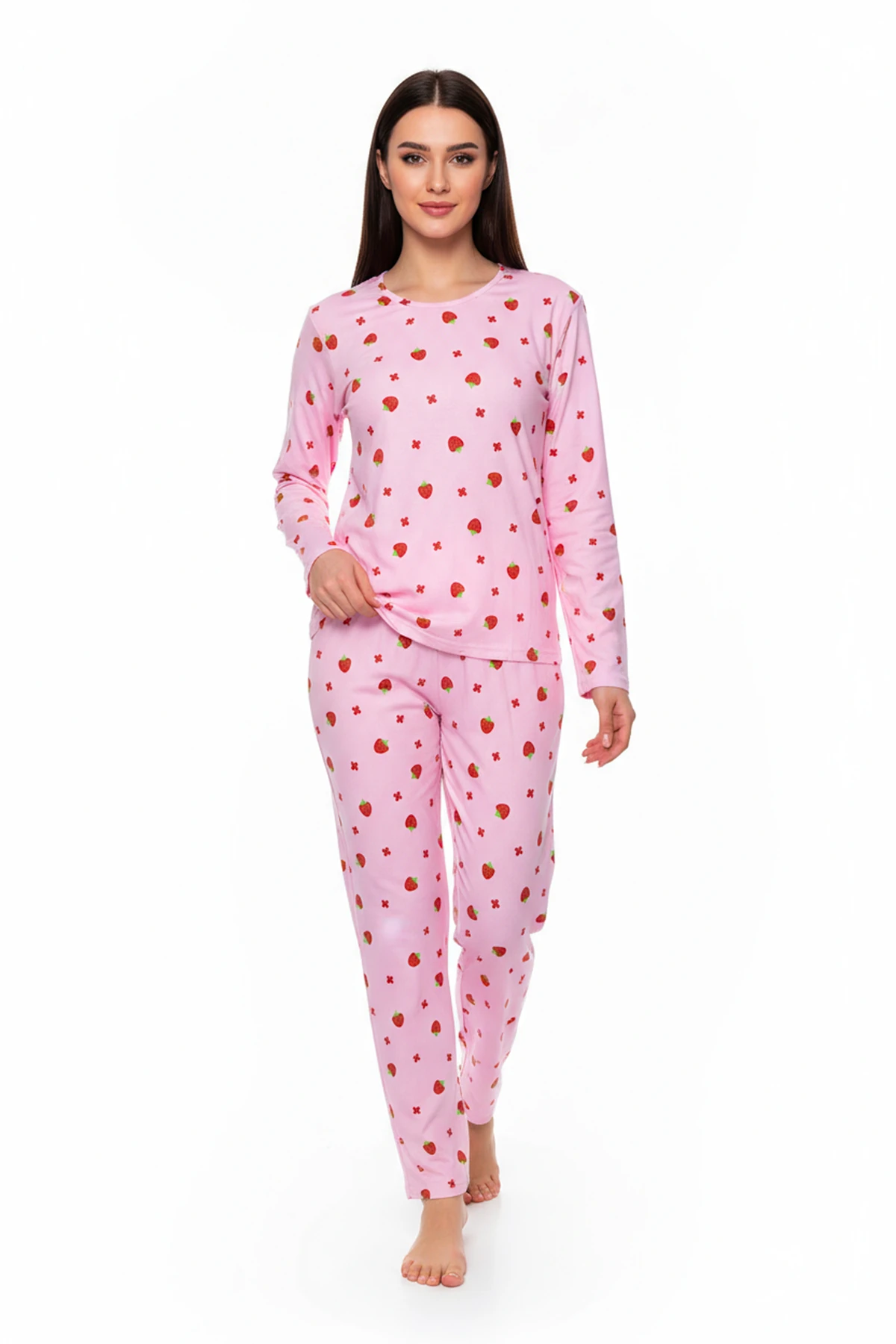 Bisiklet Yaka Süet Pijama Takımı 6001 Çilekli