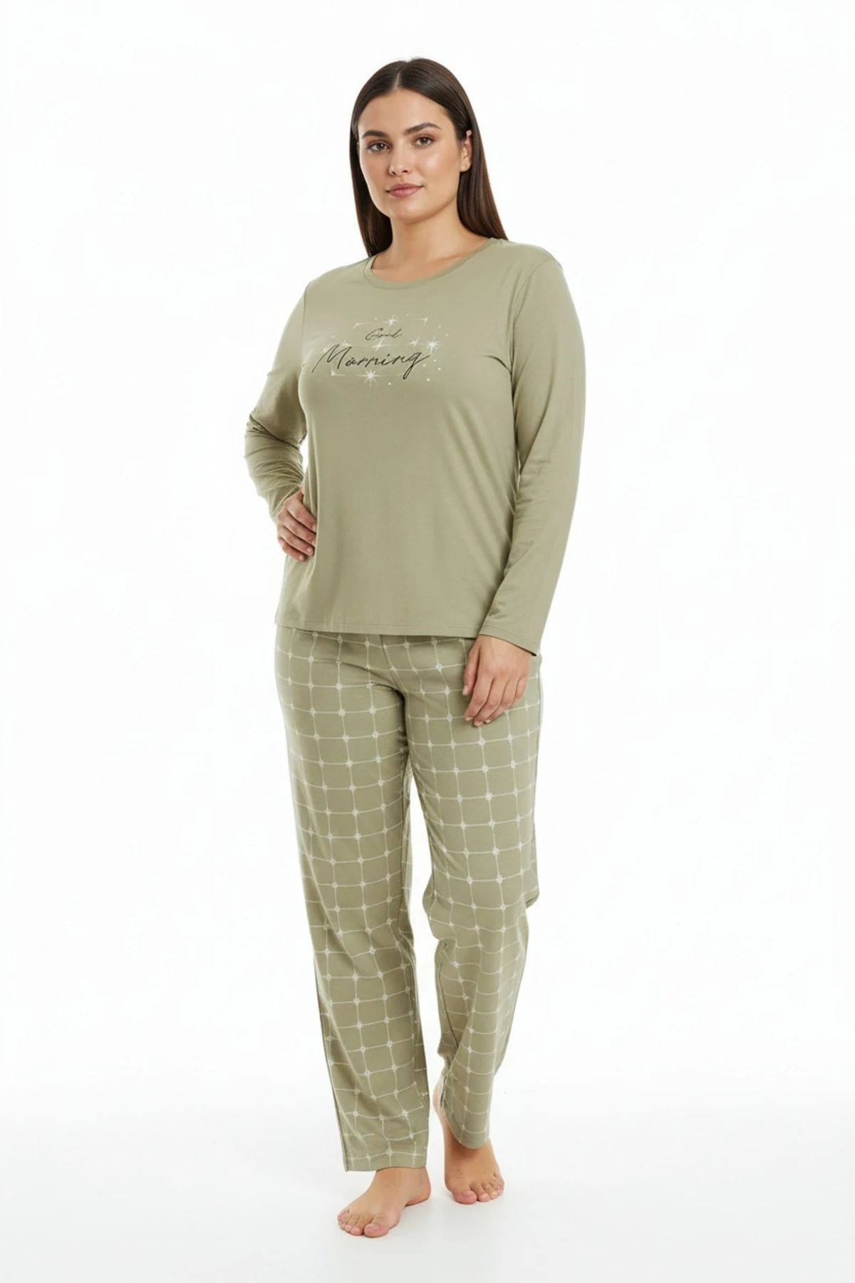 Üstü Yazılı Altı Kare Desenli Elite Viscose Uzun Büyük Beden Pijama Takımı Beyaz 3594