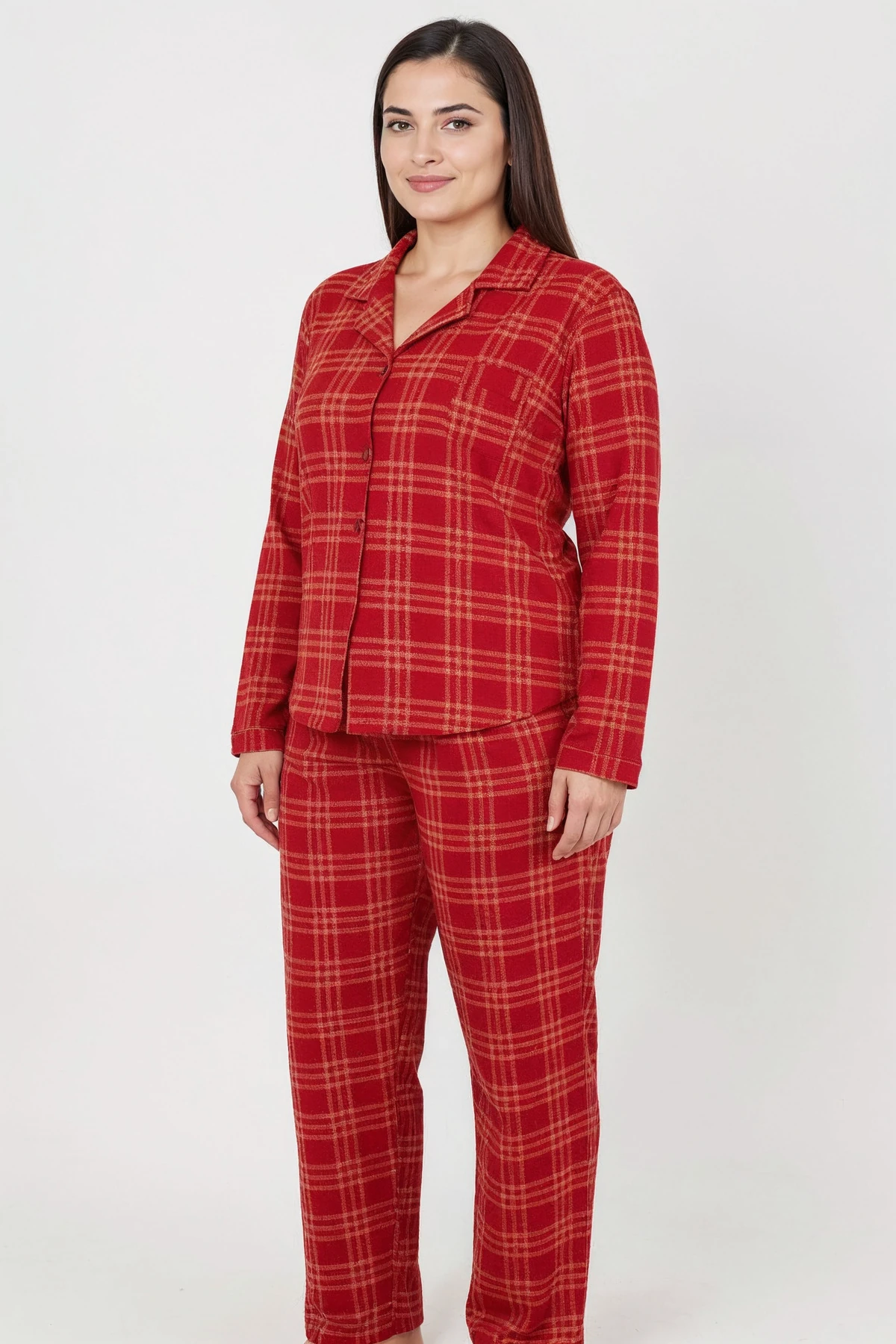 Luxury Soft Kırmızı Ekose Desenli Uzun Kollu Kadın Pijama Takımı – Büyük Beden 3018