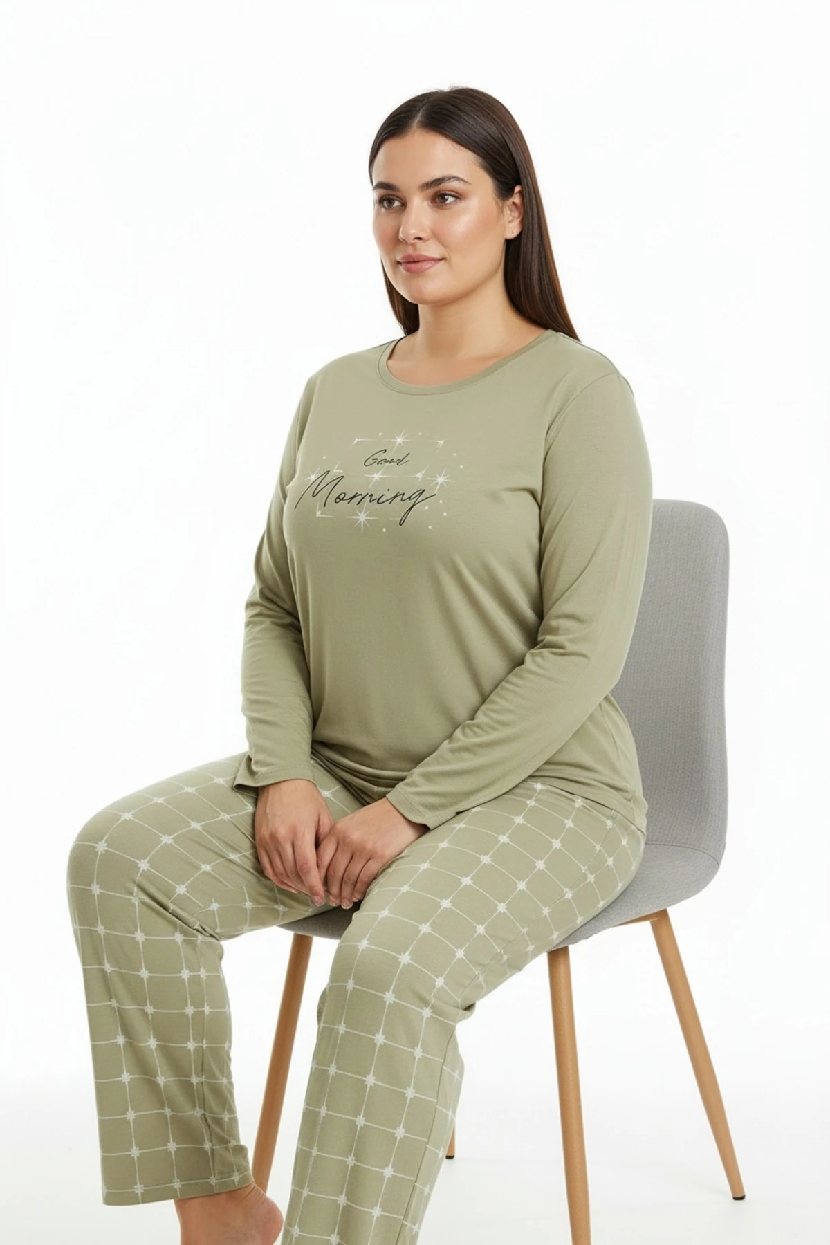 Üstü Yazılı Altı Kare Desenli Elite Viscose Uzun Büyük Beden Pijama Takımı Beyaz 3594