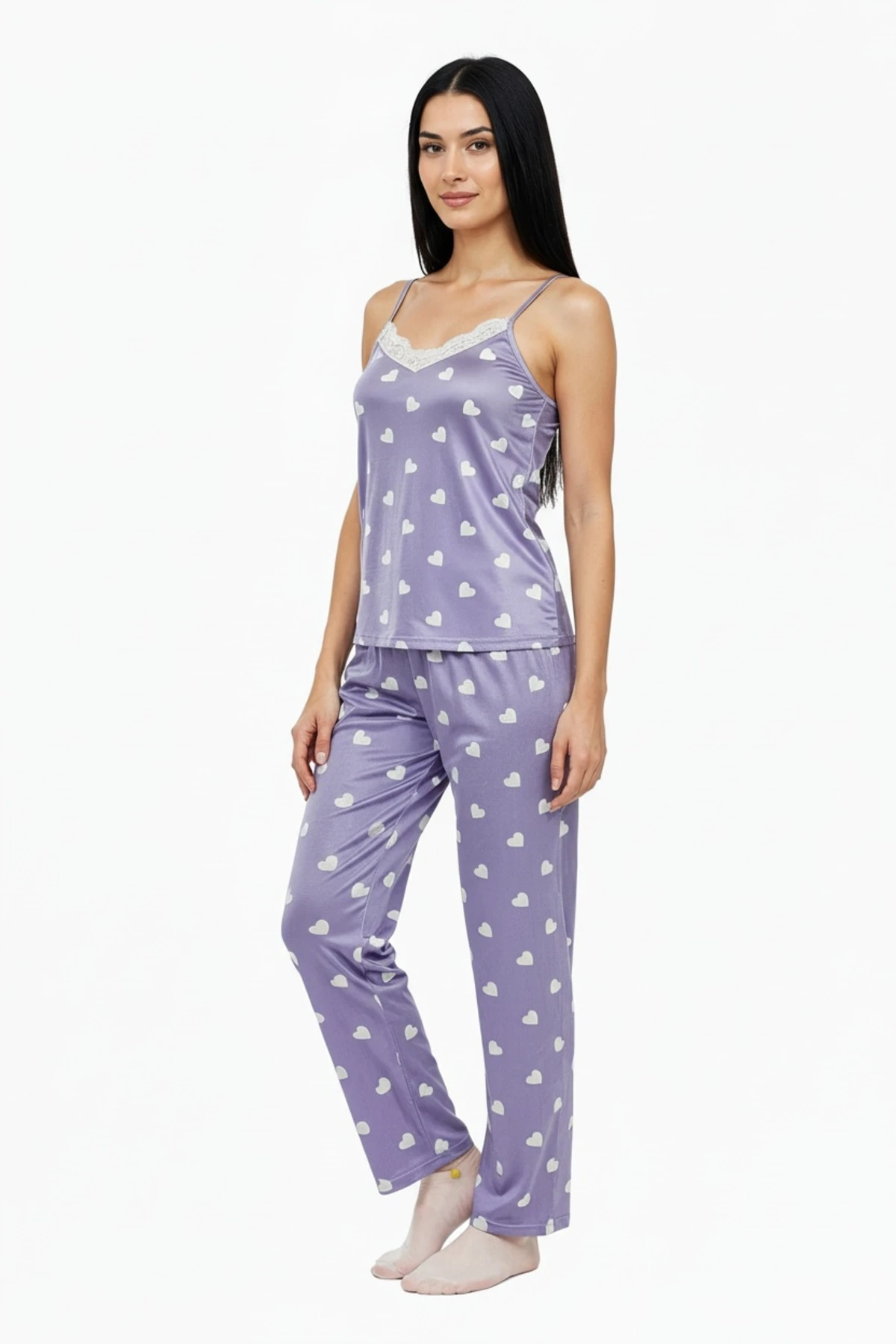 Altı Uzun İp Askılı Yumuşak Kalp Desenli Mor Pijama Takımı