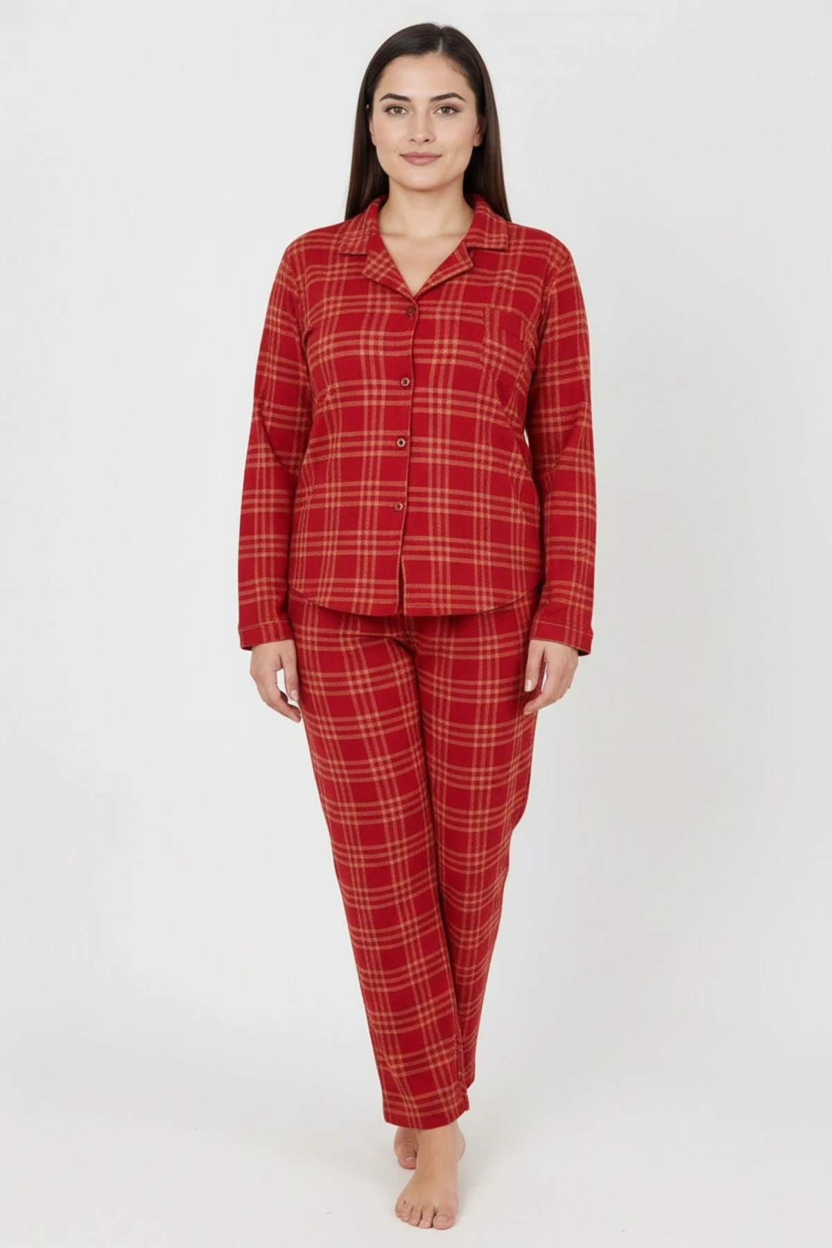 Luxury Soft Kırmızı Ekose Desenli Uzun Kollu Kadın Pijama Takımı – Büyük Beden 3018