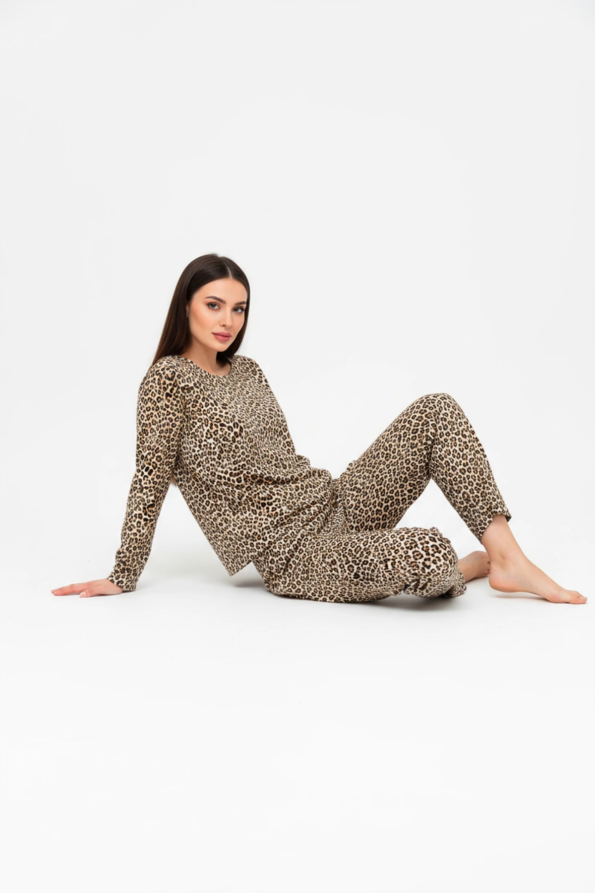 Bisiklet Yaka Süet Pijama Takımı 6006 Leopar