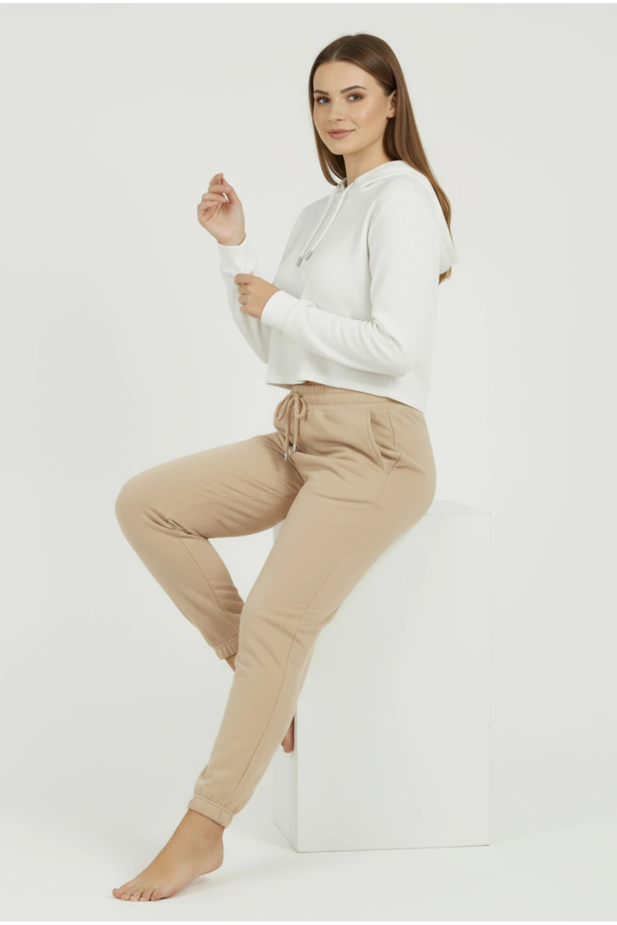 Jogger Paça Büyük Beden Eşofman Altı Bej 2017