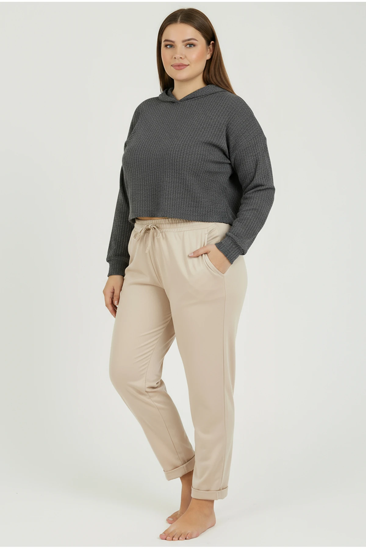 Duble Paça Büyük Beden Eşofman Altı Bej 2020