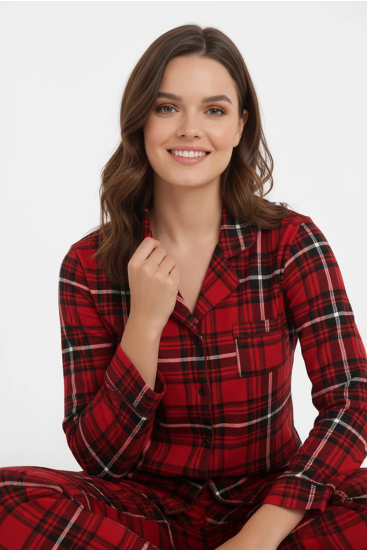 Luxury Viscose Kırmızı Ekose Desenli Kadın Uzun Kollu Büyük Beden Pijama Takımı – 42513