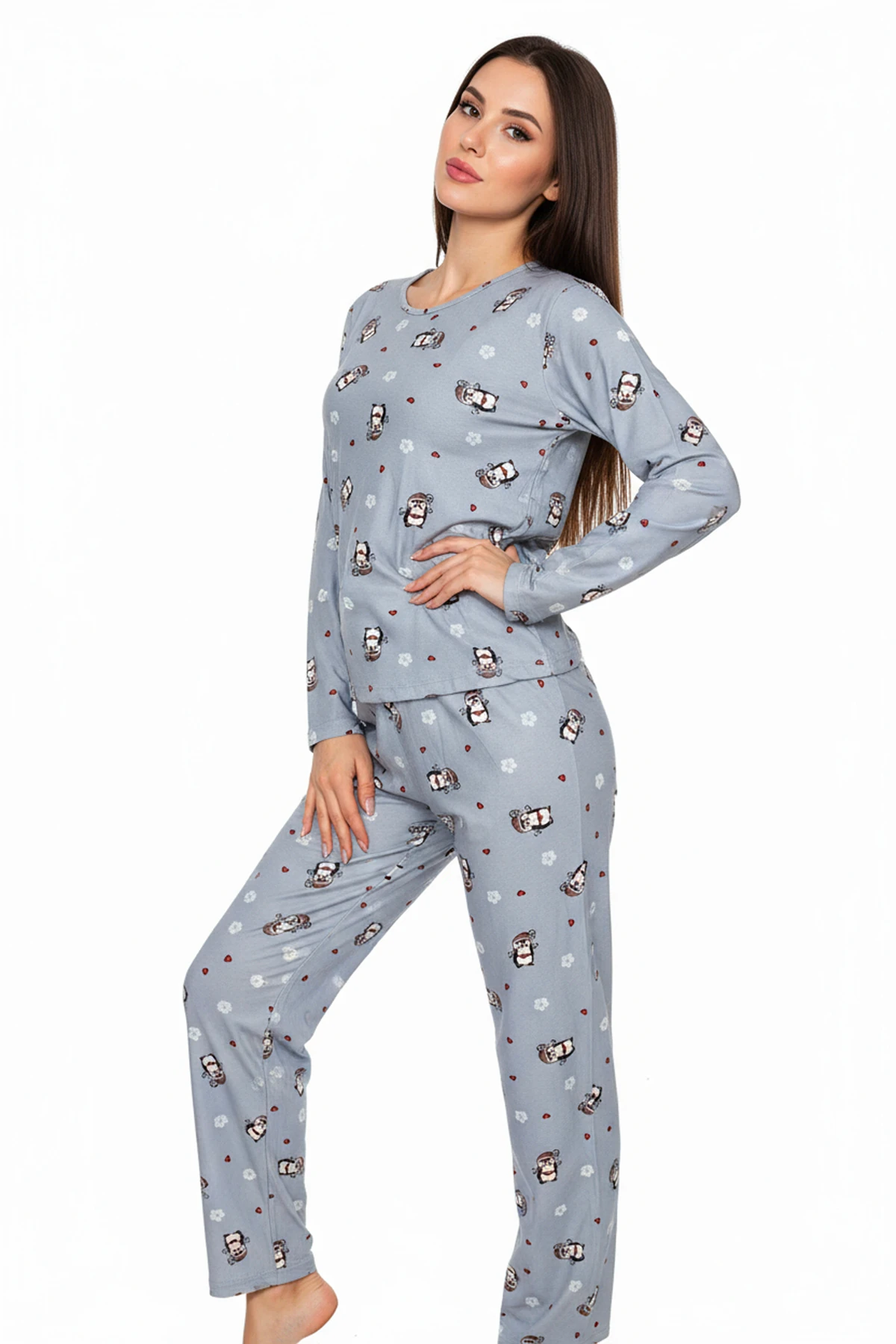 Bisiklet Yaka Süet Pijama Takımı 6009 Penguen Mavi