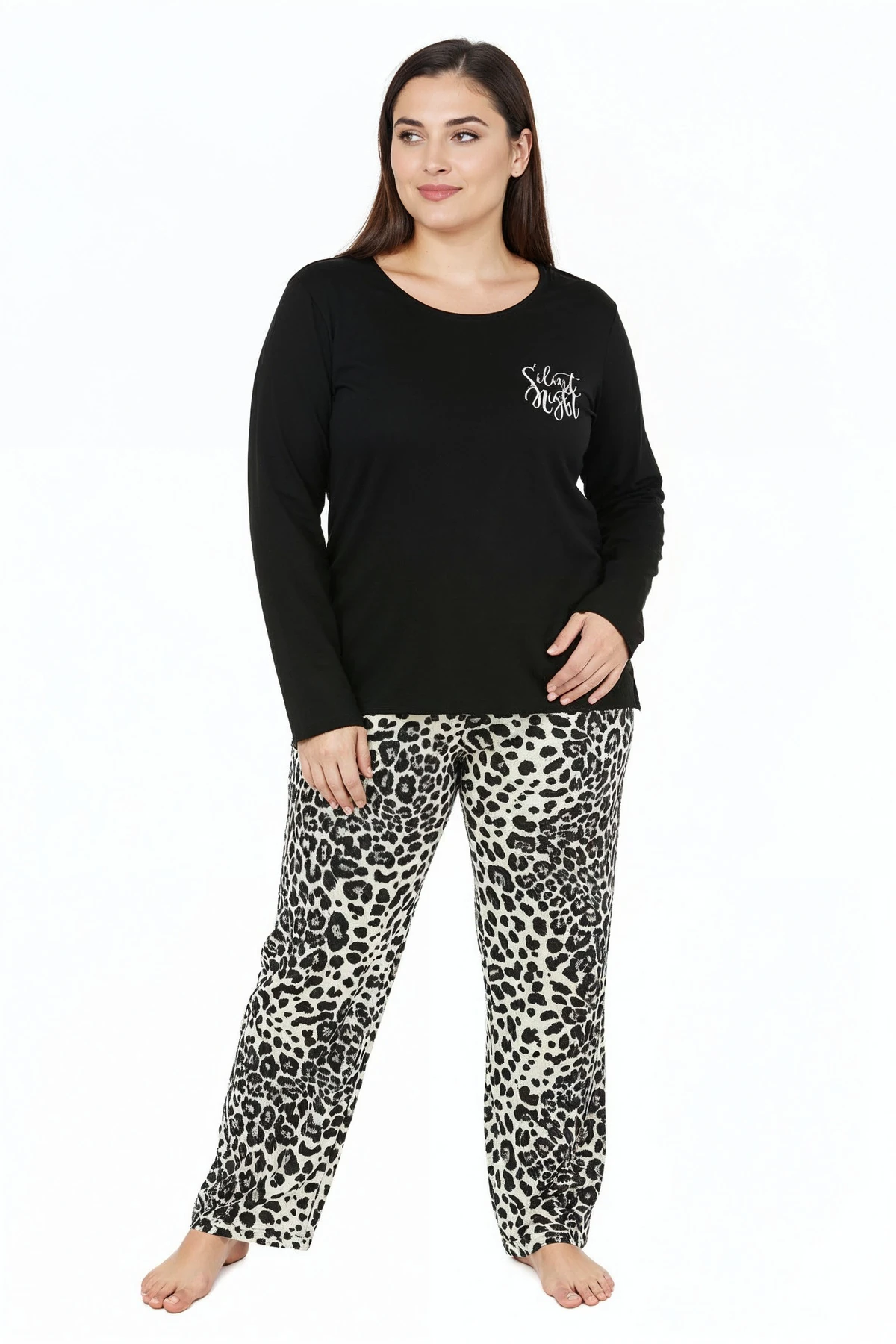 Üstü Yazılı Altı Leopar Desenli Elite Viscose Uzun Büyük Beden Pijama Takımı Siyah 3588