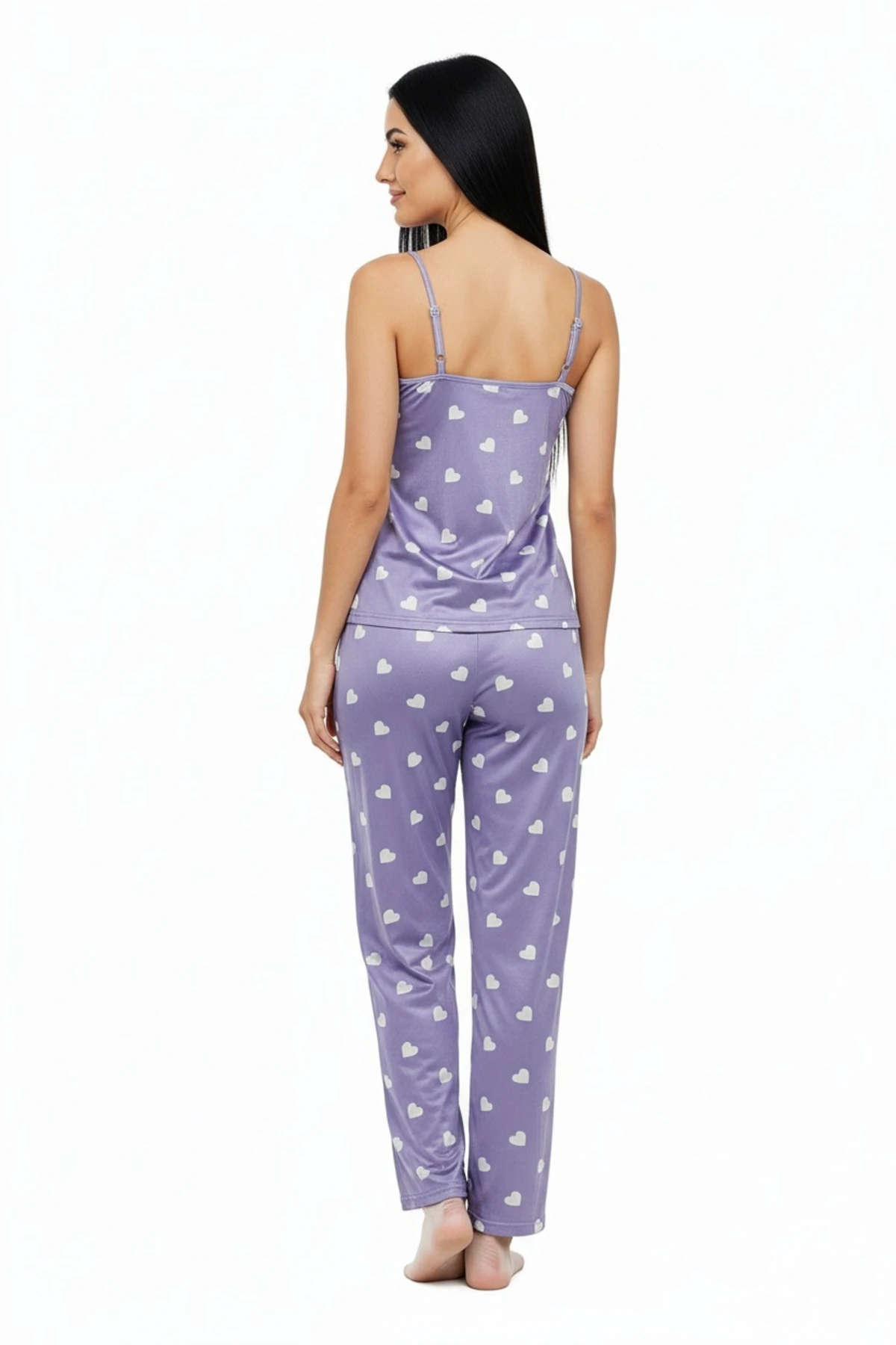 Altı Uzun İp Askılı Yumuşak Kalp Desenli Mor Pijama Takımı