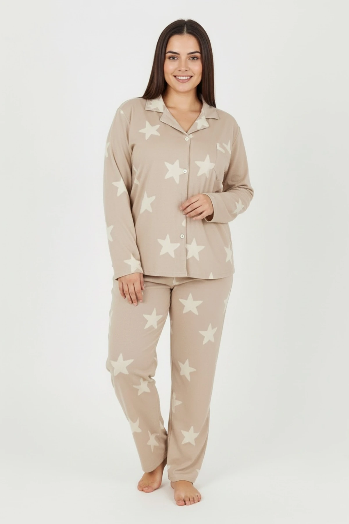 Luxury Soft Bej Yıldız Desenli Uzun Kollu Kadın Pijama Takımı – Büyük Beden 3011