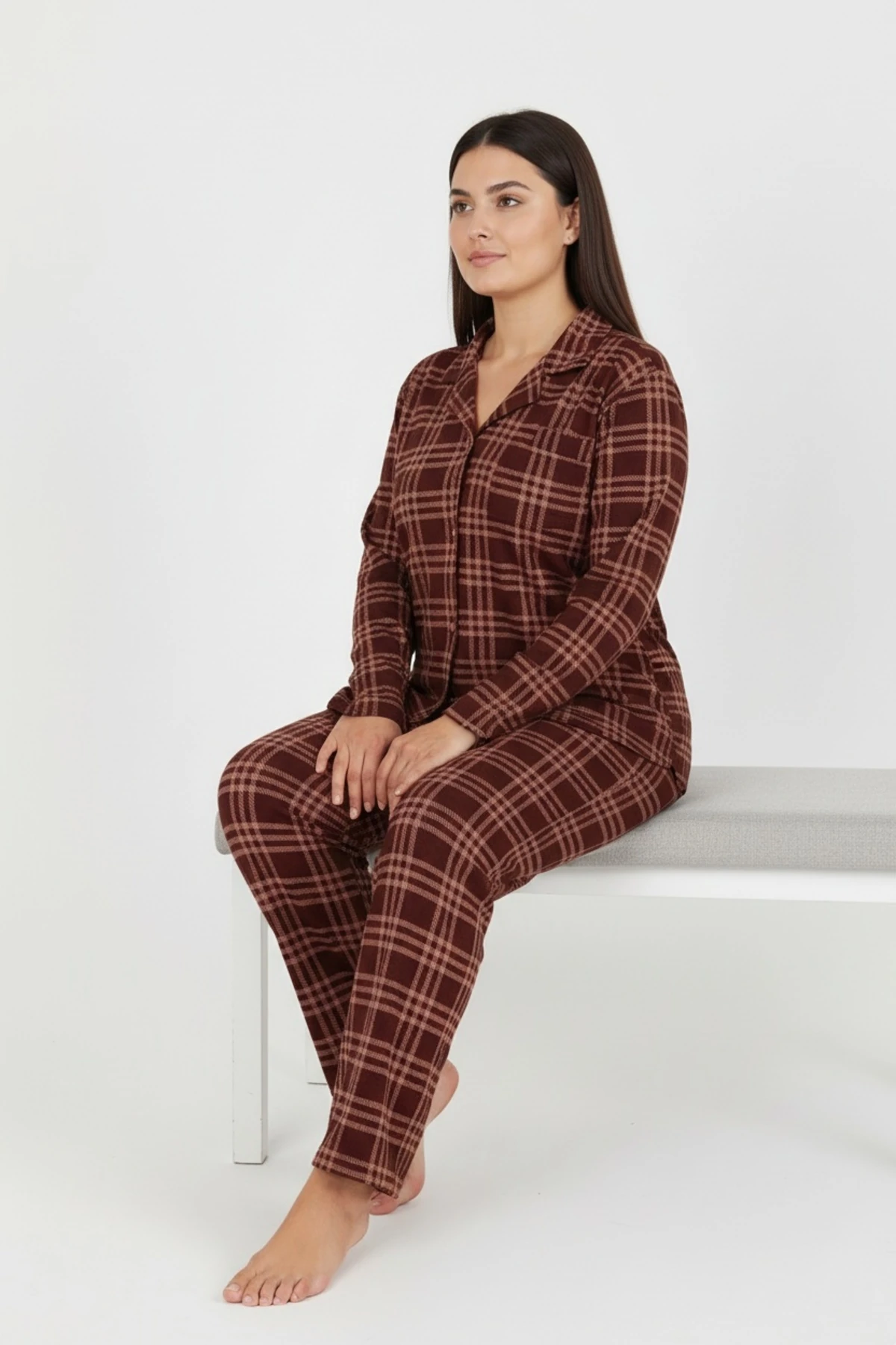 Luxury Soft Kahverengi Ekose Desenli Uzun Kollu Kadın Pijama Takımı – Büyük Beden 3009