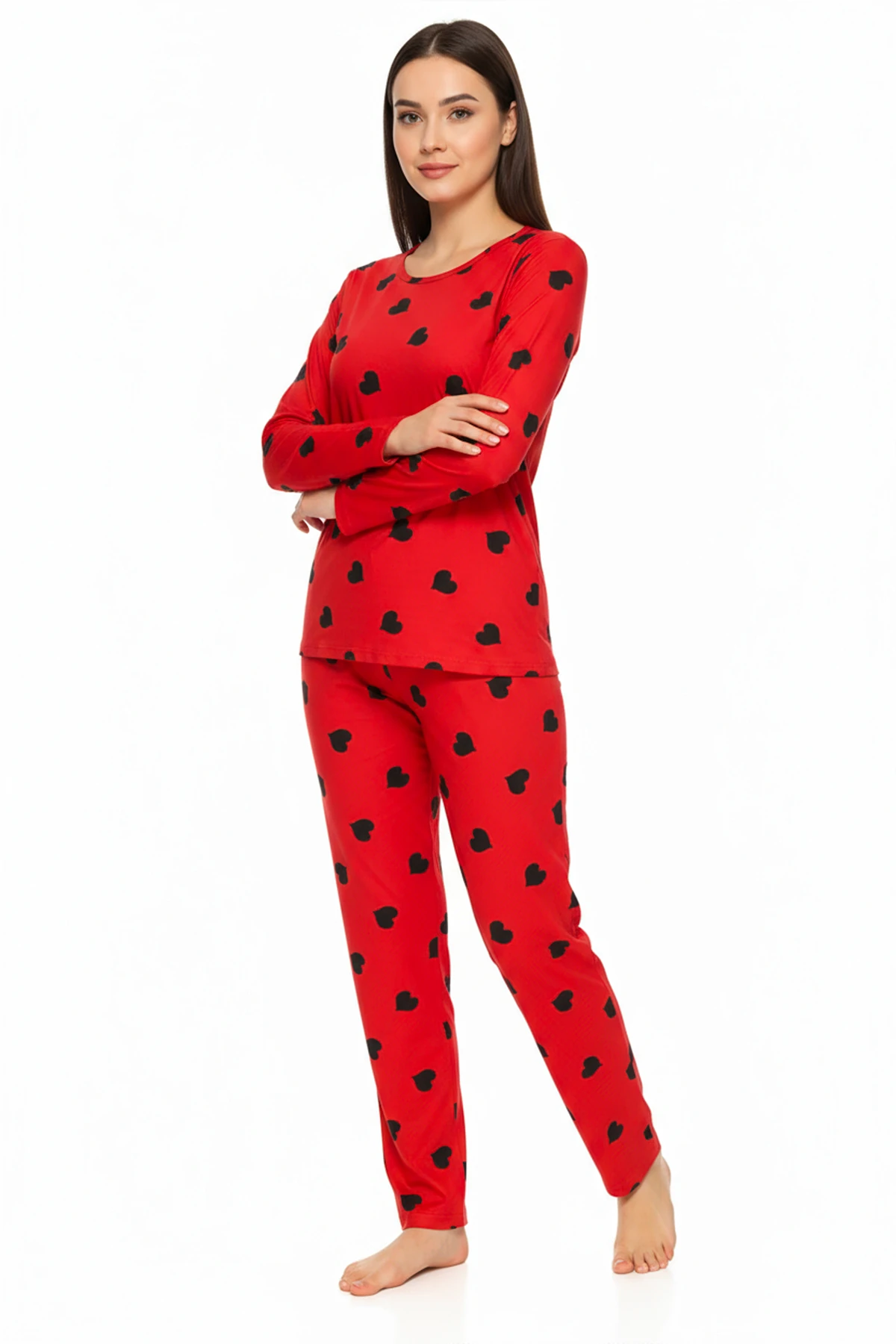 Bisiklet Yaka Süet Kırmızı Pijama Takımı 6010 Siyah Kalpli