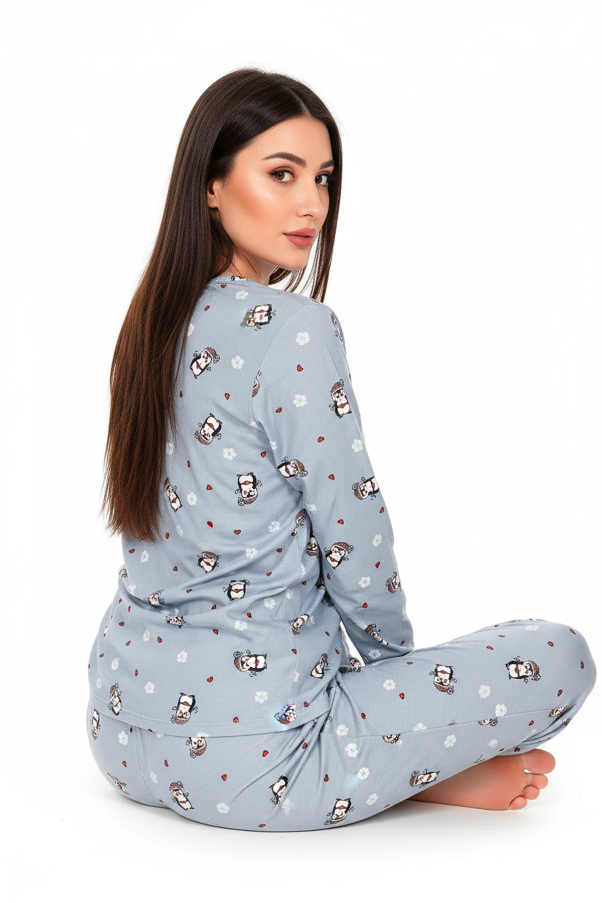 Bisiklet Yaka Süet Pijama Takımı 6009 Penguen Mavi