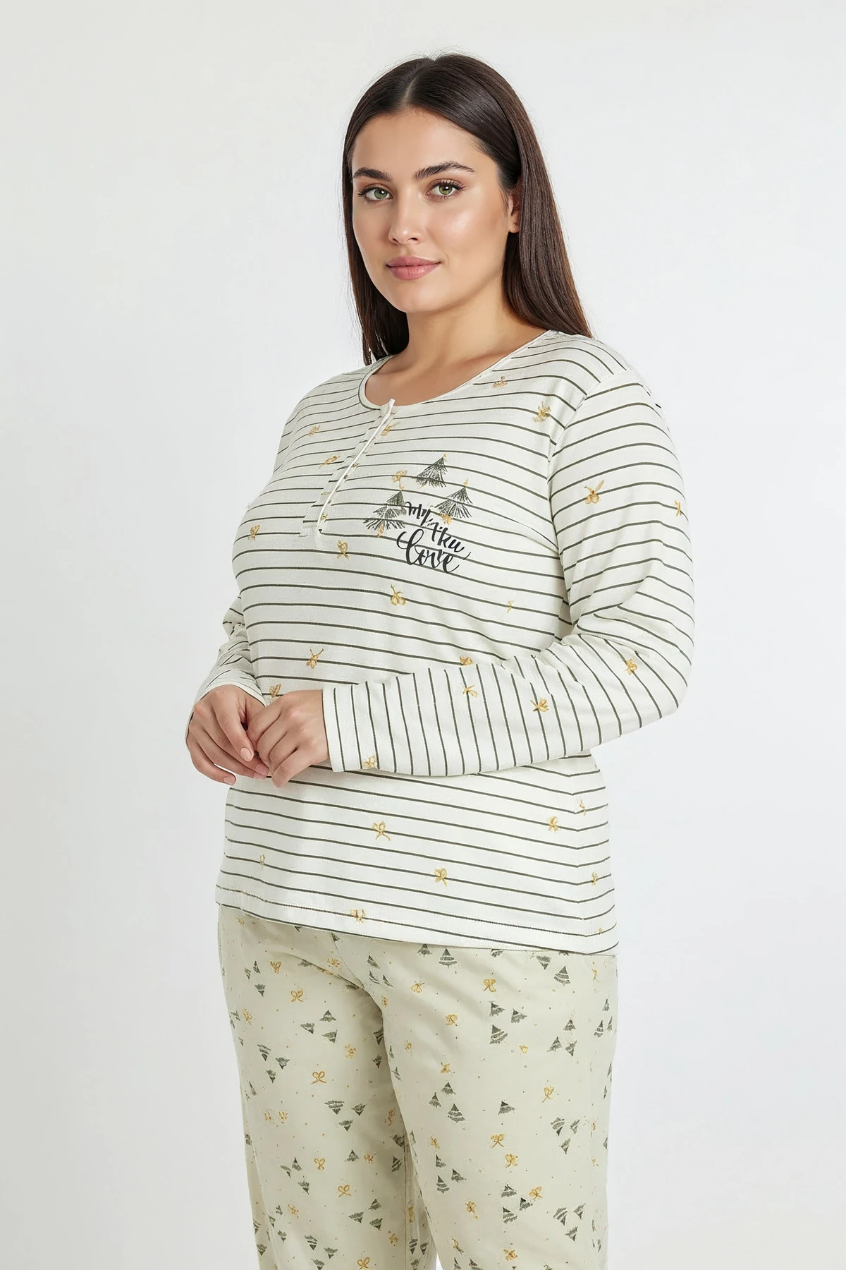 Üstü Yatay Çizgili Altı Desenli Elite Viscose Uzun Büyük Beden Pijama Takımı Beyaz 3590