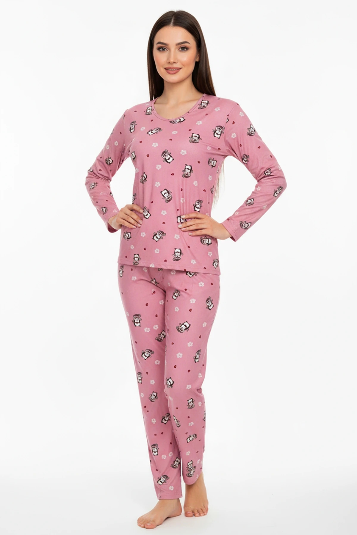 Bisiklet Yaka Süet Pijama Takımı 6008 Penguen Pembe