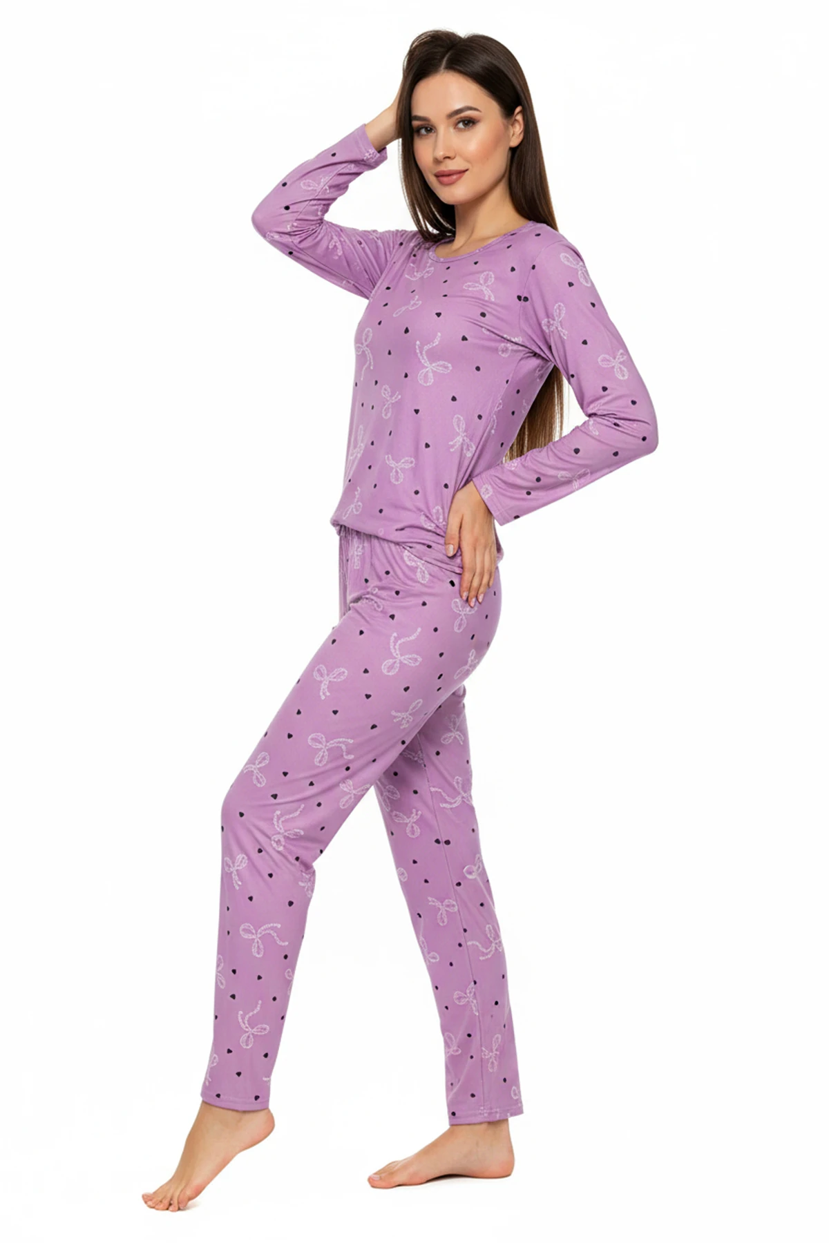 Bisiklet Yaka Süet Pijama Takımı 6007 Lila