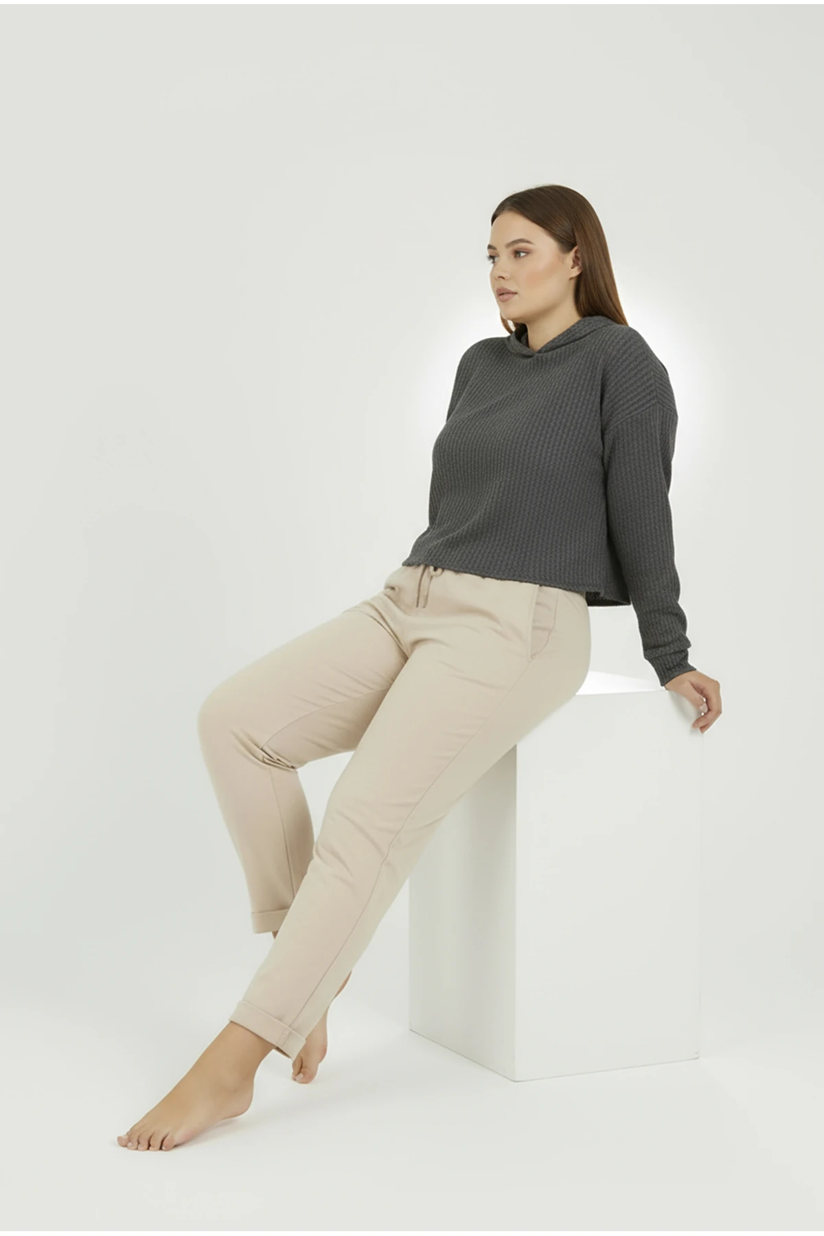 Duble Paça Büyük Beden Eşofman Altı Bej 2020