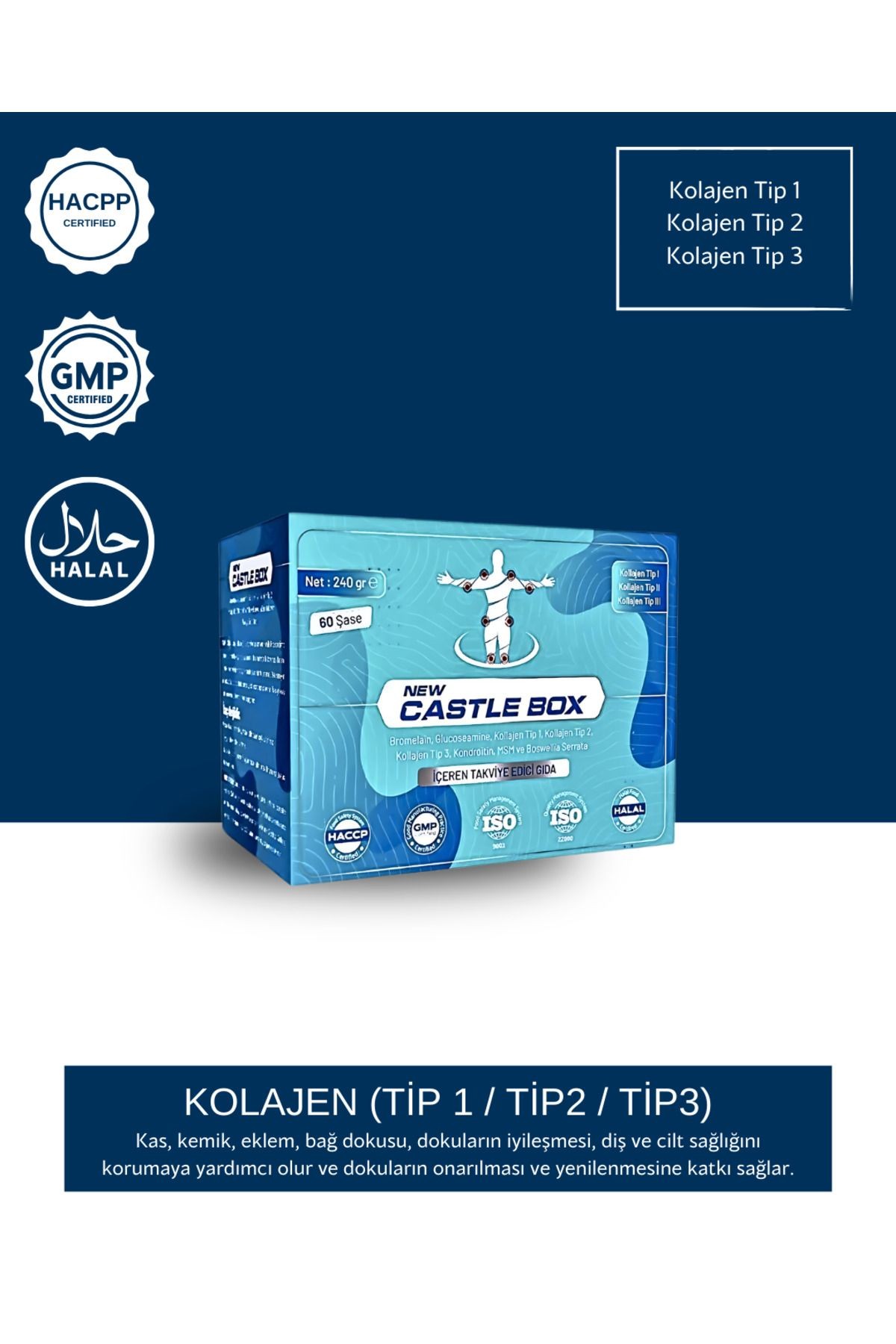 NEW CASTLE BOX - KOLAJEN (TİP 1-2-3), BROMELAİN, HYALÜRONİK ASİT İÇEREN TAKVİYE GIDA