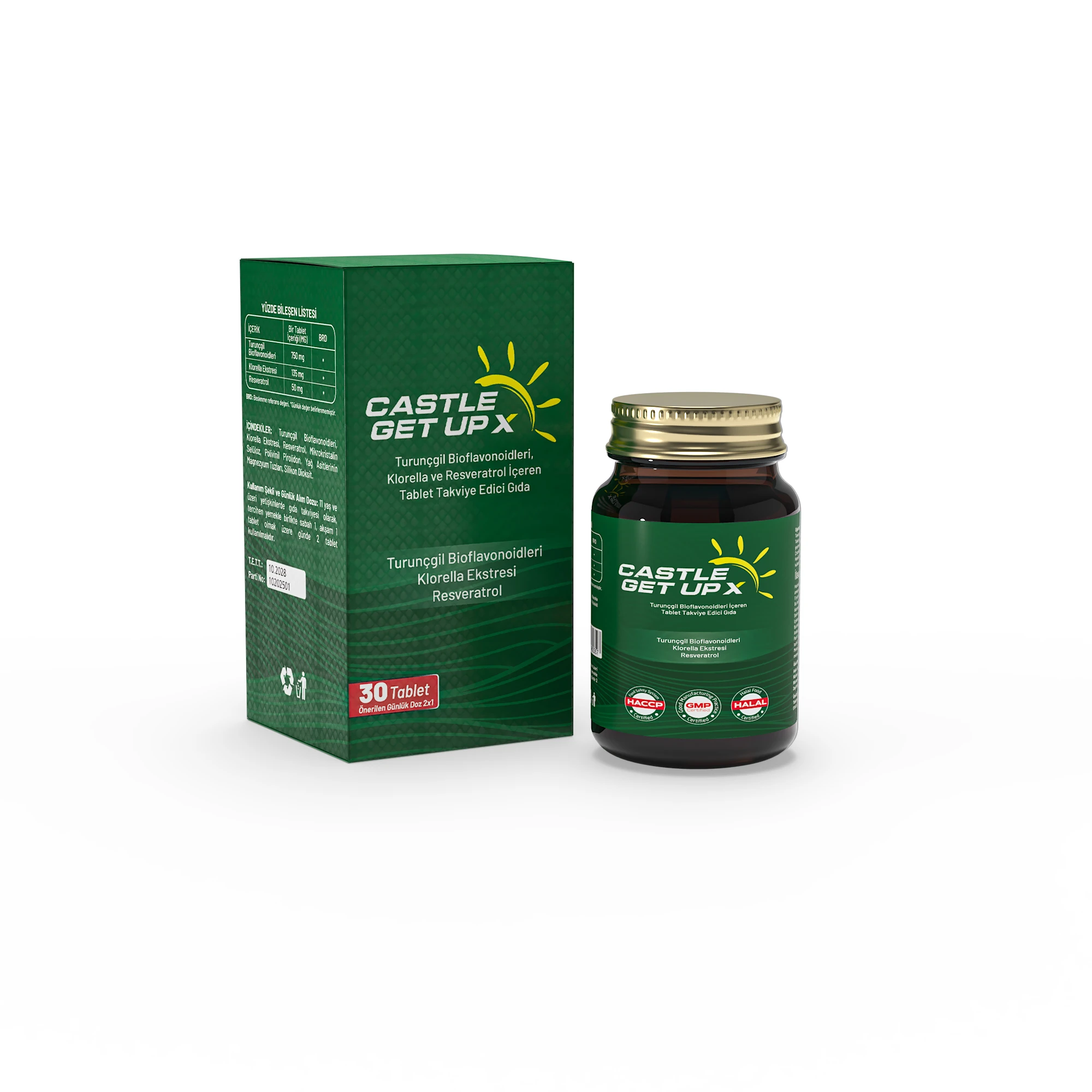 Castle Get Up X – Chlorella, Resveratrol ve Bioflavonoid İçeren Takviye (30 Tablet)