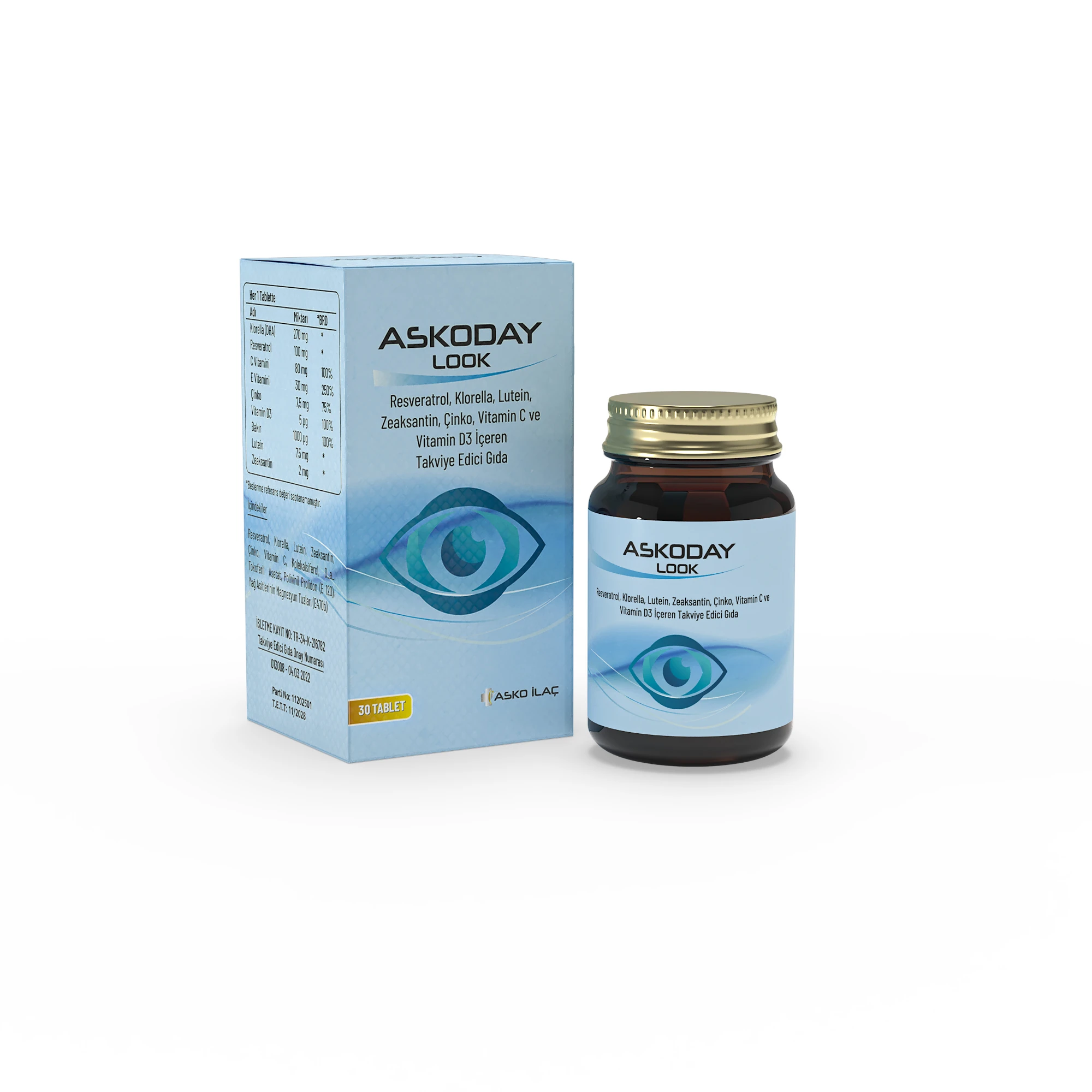 Askoday Look Takviye Edici Gıda – Lutein, Zeaksantin, DHA ve Resveratrol (30 Tablet)