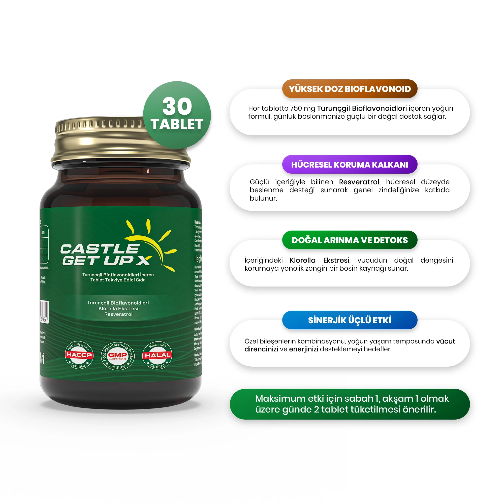 Castle Get Up X – Chlorella, Resveratrol ve Bioflavonoid İçeren Takviye (30 Tablet)