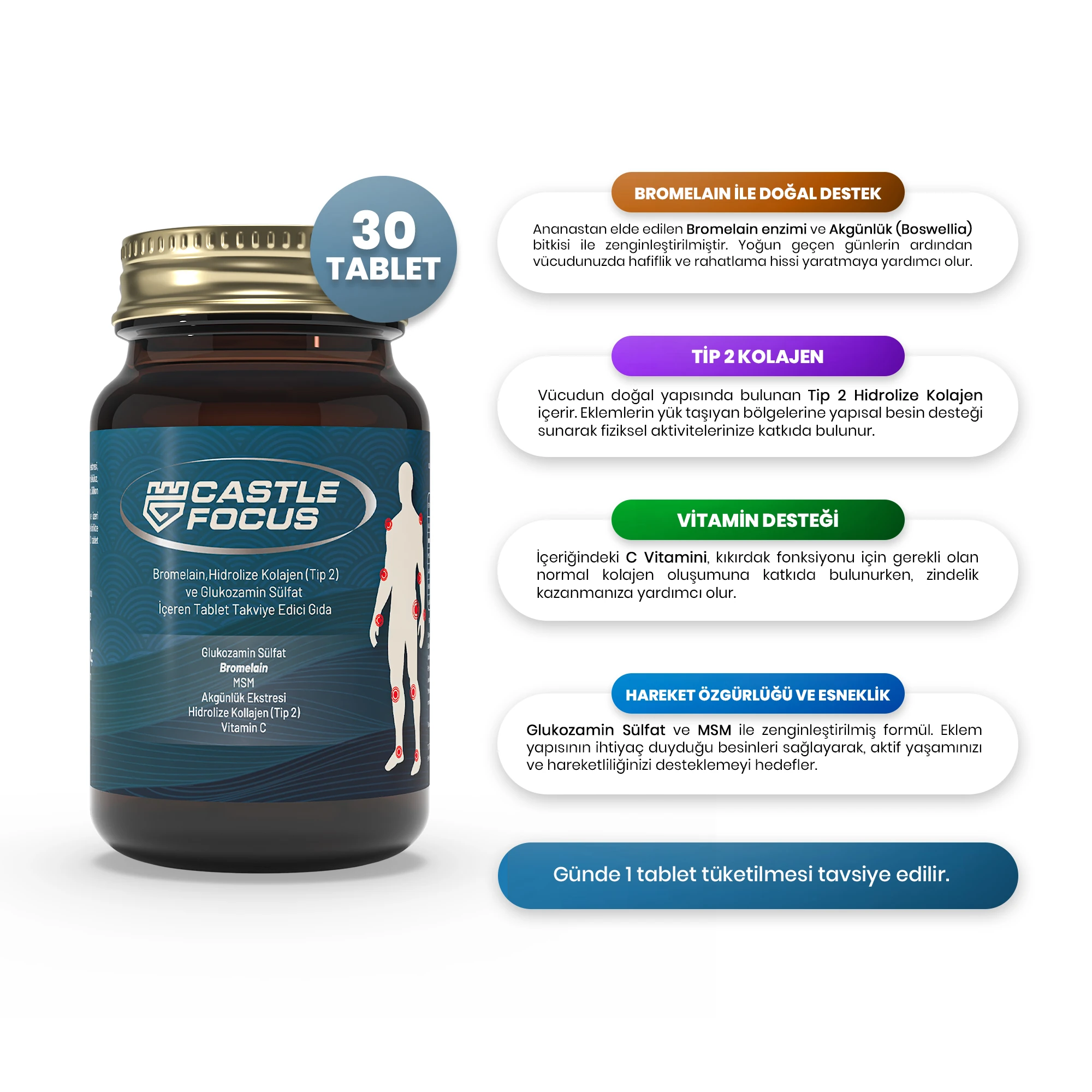 Castle Focus – Kolajen & Bromelain İçeren Takviye Edici Gıda (60 Tablet)