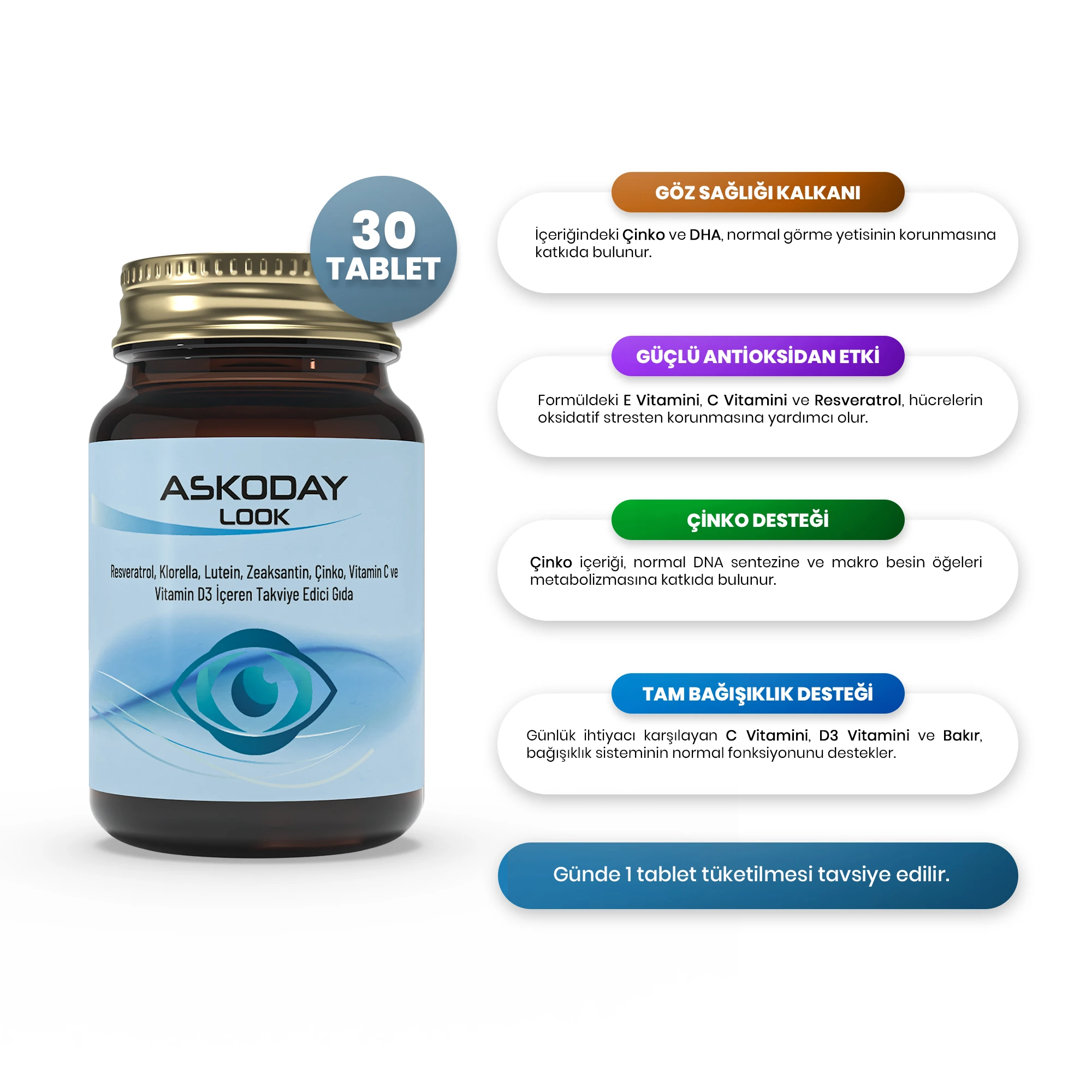 Askoday Look Takviye Edici Gıda – Lutein, Zeaksantin, DHA ve Resveratrol (30 Tablet) - 3'lü Avantaj Paketi