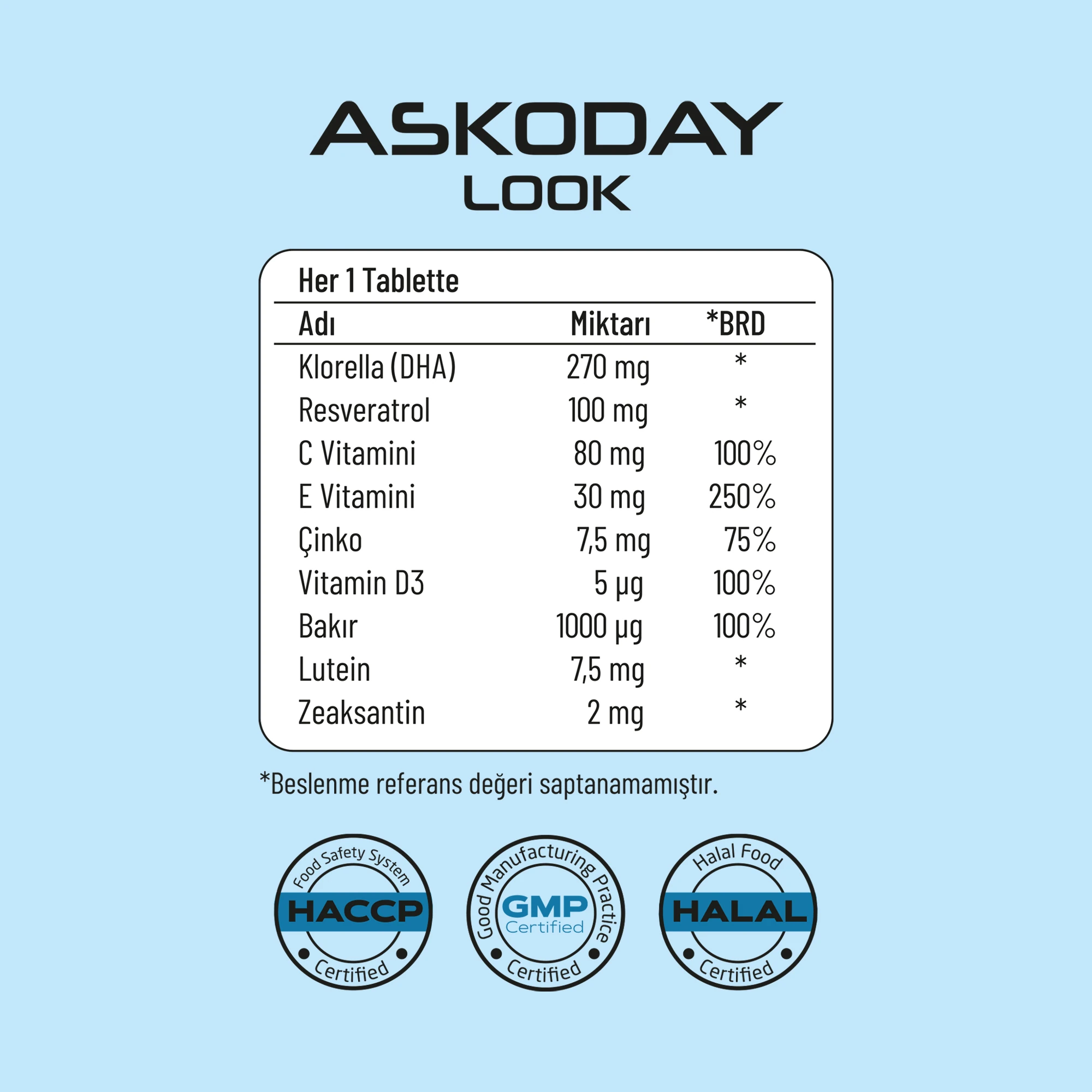Askoday Look Takviye Edici Gıda – Lutein, Zeaksantin, DHA ve Resveratrol (30 Tablet) - 3'lü Avantaj Paketi