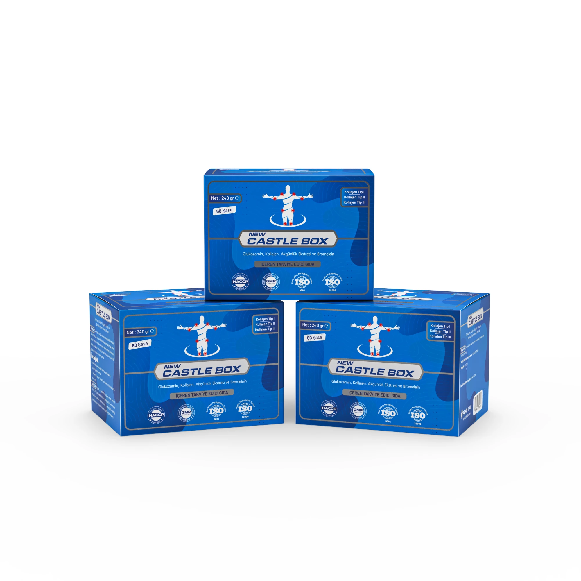 New Castle Box - Kolajen (Tip 1-2-3), Bromelain, Glukozamin İçeren Takviye Gıda - 3'lü Avantaj Paketi