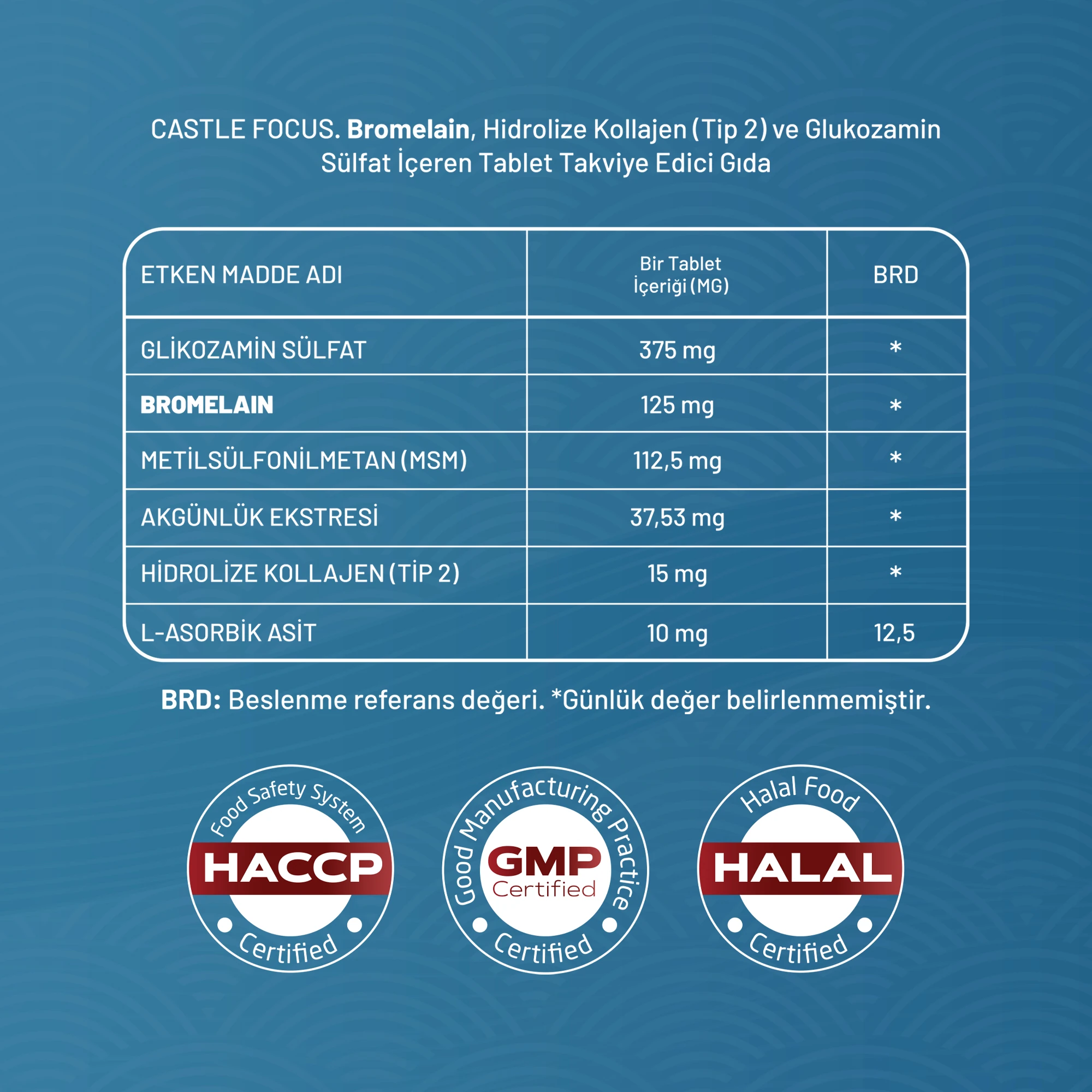 Castle Focus – Kolajen & Bromelain İçeren Takviye Edici Gıda (60 Tablet) - 3'lü Avantaj Paketi