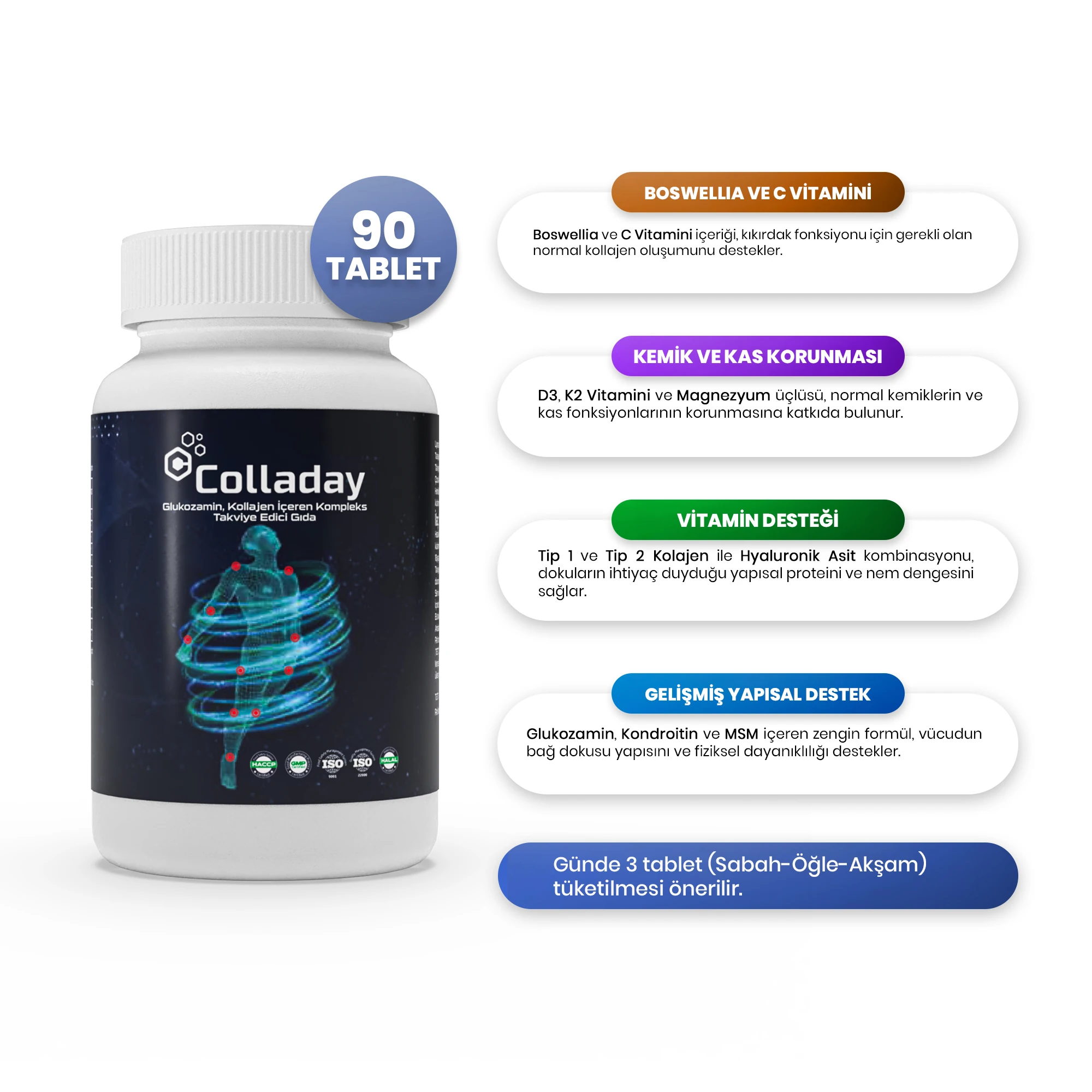 Colladay – Kolajen & Glukozamin Destek Takviyesi (90 Tablet) - 3'lü Avantaj Paketi