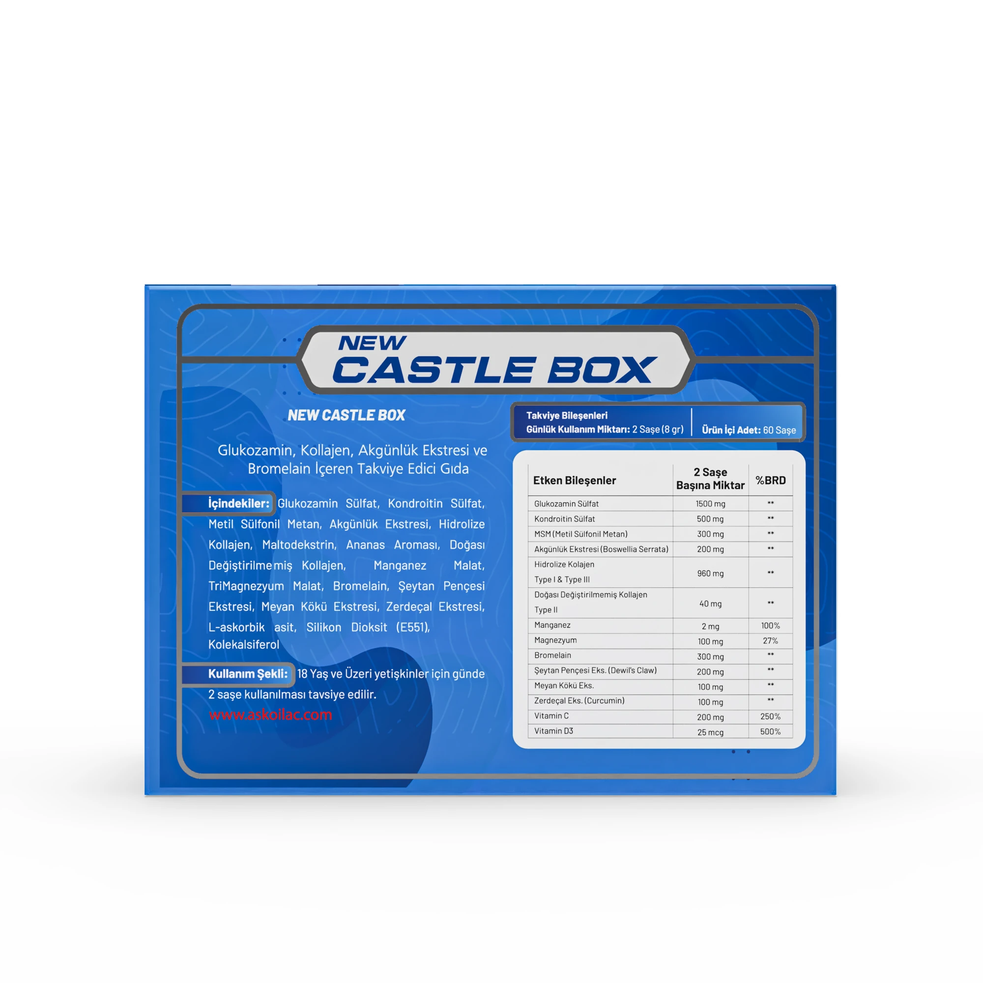 New Castle Box - Kolajen (Tip 1-2-3), Bromelain, Glukozamin İçeren Takviye Gıda - 3'lü Avantaj Paketi