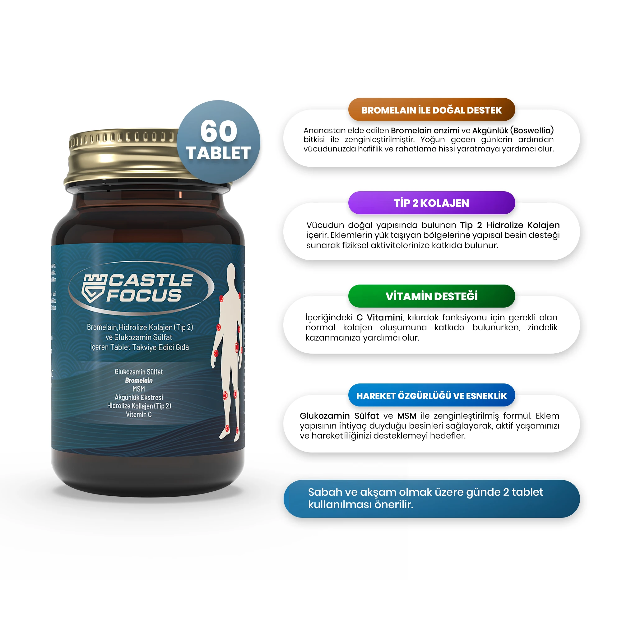 Castle Focus – Kolajen & Bromelain İçeren Takviye Edici Gıda (60 Tablet) - 3'lü Avantaj Paketi