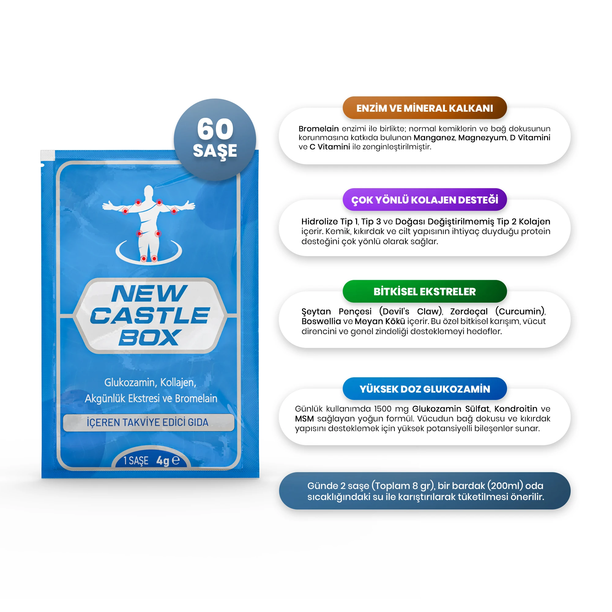 New Castle Box - Kolajen (Tip 1-2-3), Bromelain, Glukozamin İçeren Takviye Gıda - 3'lü Avantaj Paketi
