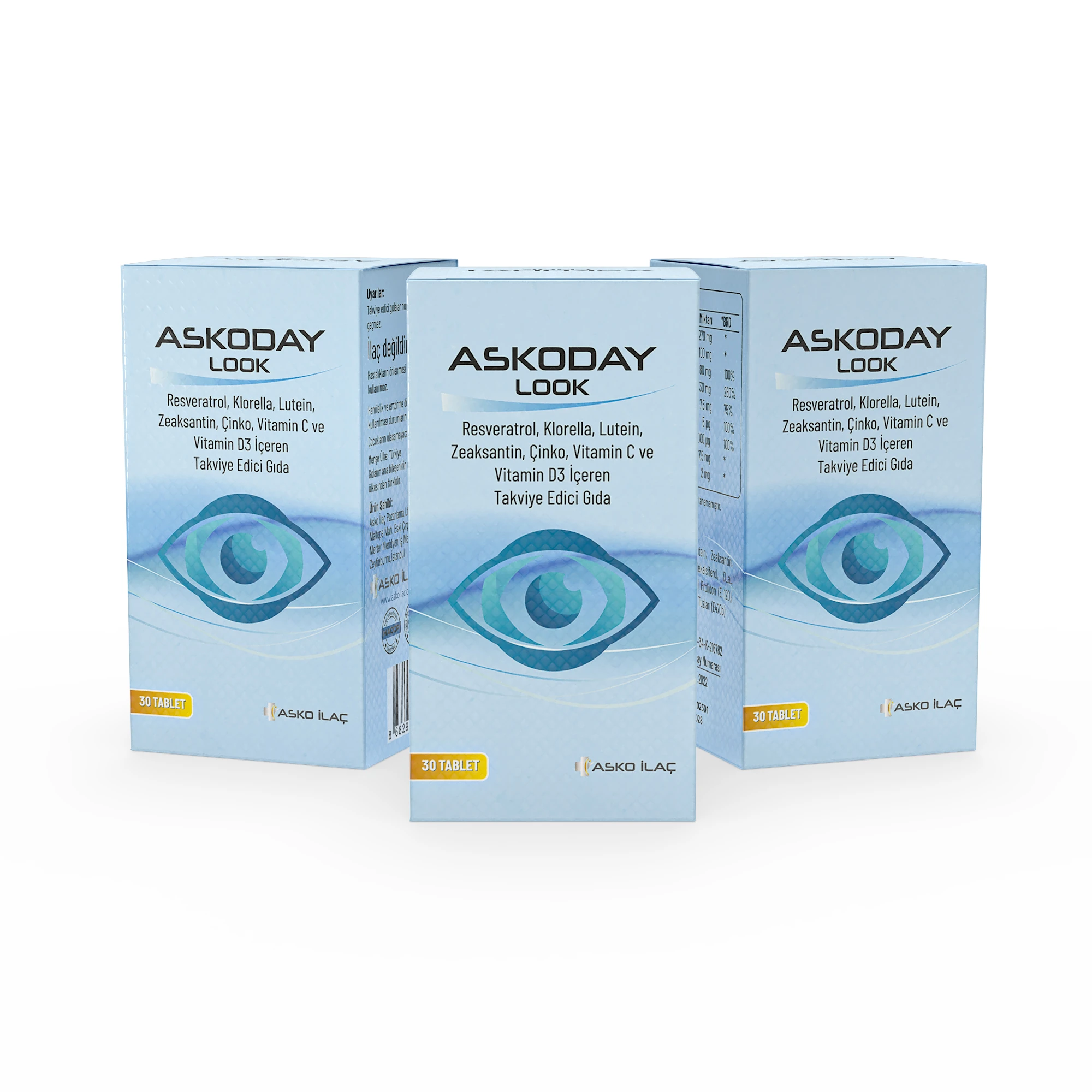 Askoday Look Takviye Edici Gıda – Lutein, Zeaksantin, DHA ve Resveratrol (30 Tablet) - 3'lü Avantaj Paketi