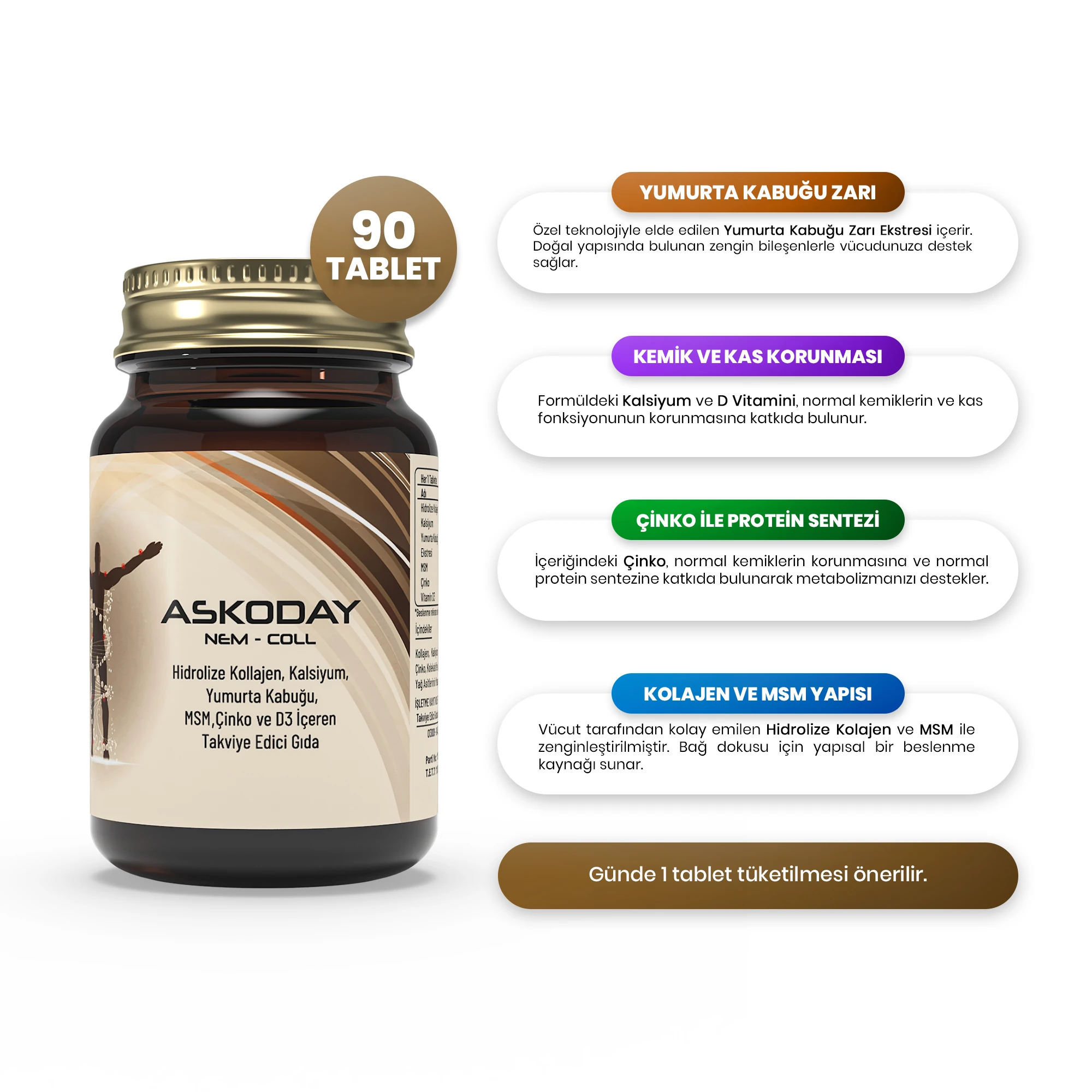 Askoday Nem-Coll – Yumurta Kabuğu Ekstresi, Hidrolize Kolajen ve Vitaminler İçeren Kompleks (30 Tablet) - 3'lü Paket Avantajı