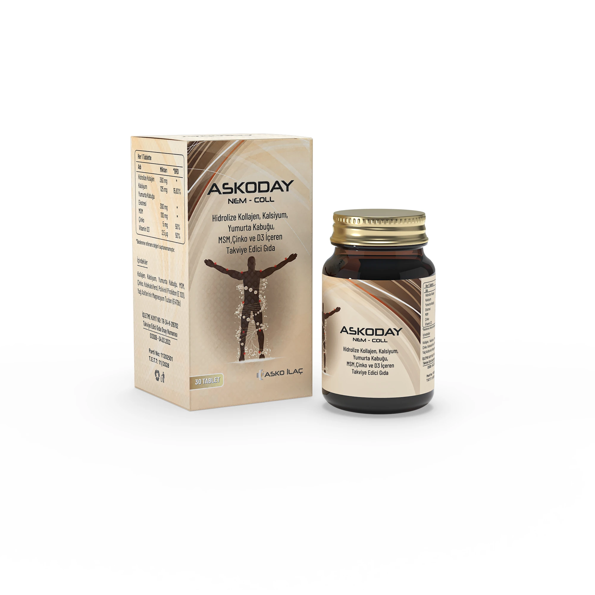 Askoday Nem-Coll – Yumurta Kabuğu Ekstresi, Hidrolize Kolajen ve Vitaminler İçeren Kompleks (30 Tablet)