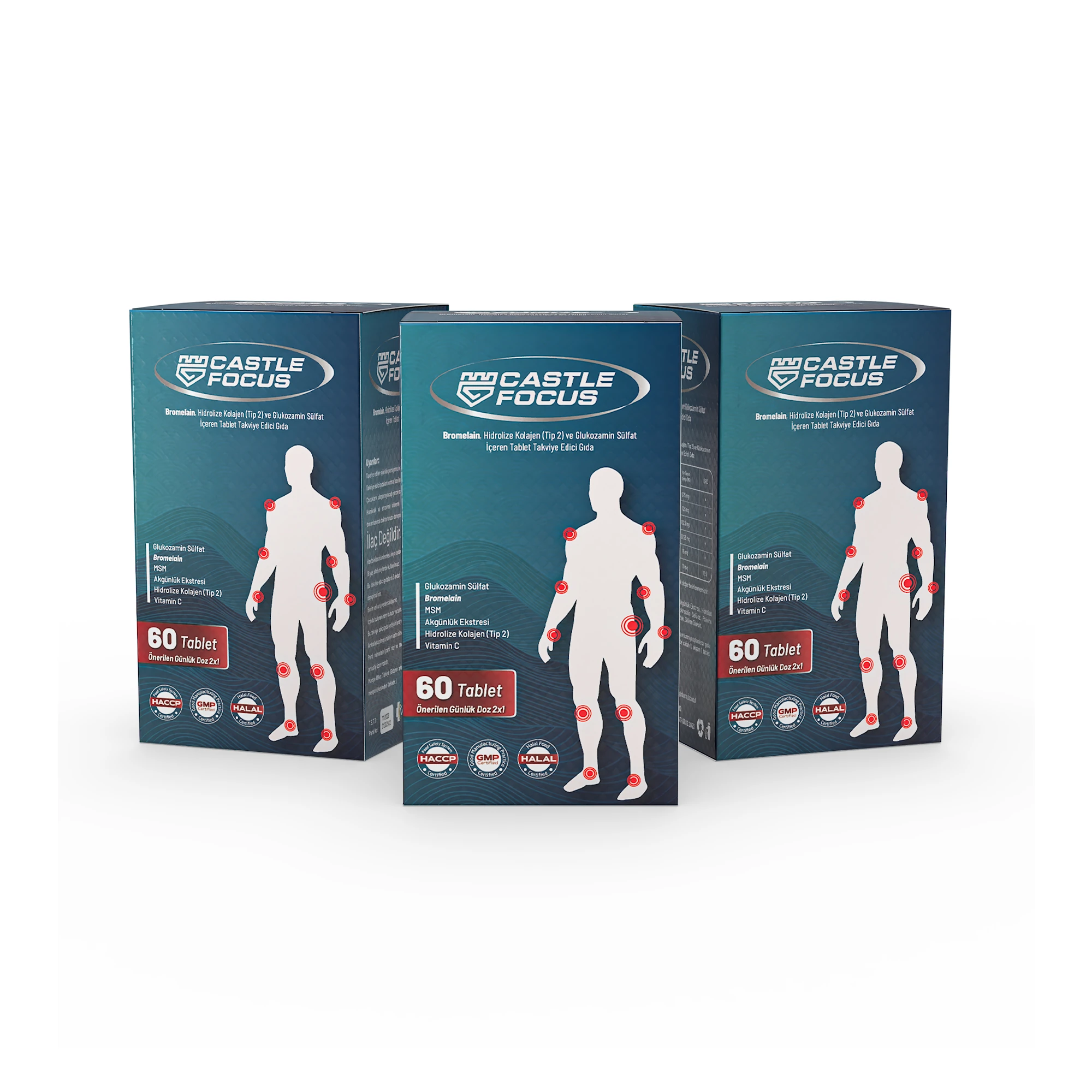 Castle Focus – Kolajen & Bromelain İçeren Takviye Edici Gıda (60 Tablet) - 3'lü Avantaj Paketi