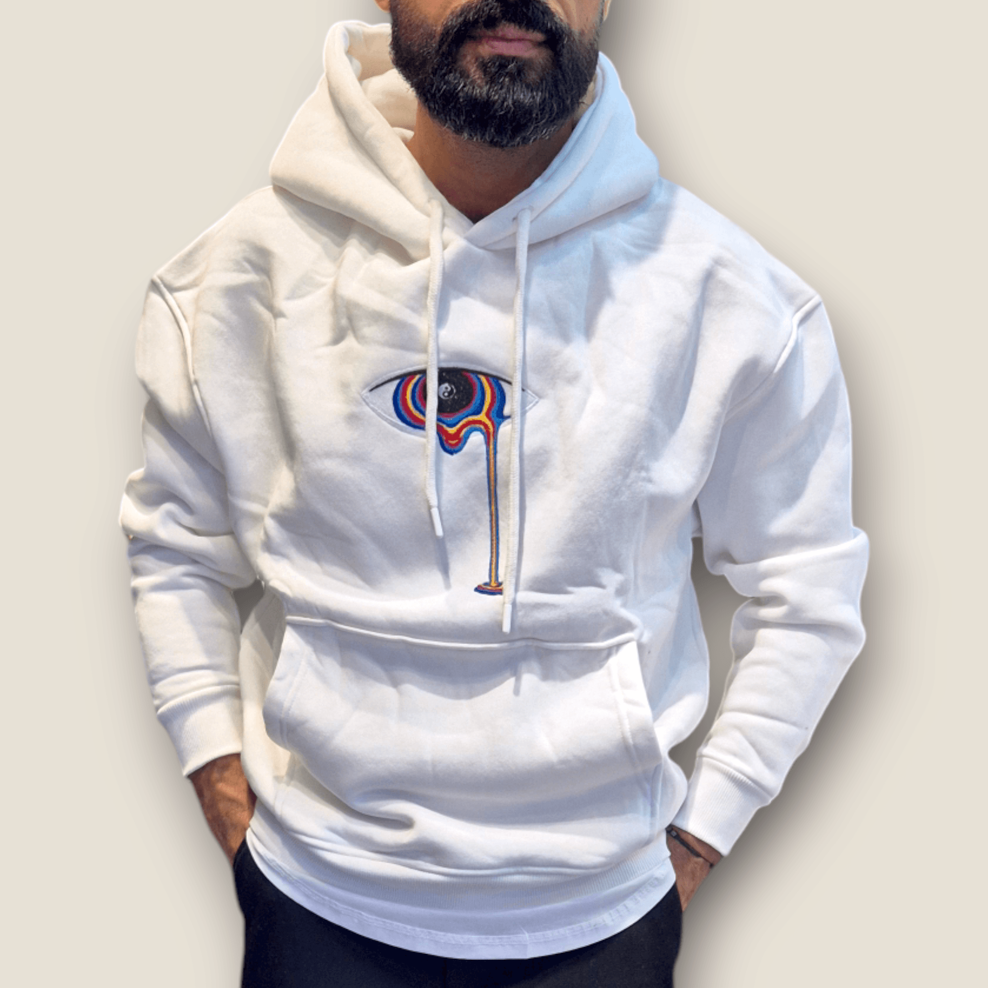 Beyaz Renk Nakış Baskı Kanguru Cep Kapüşonlu Sweatshirt