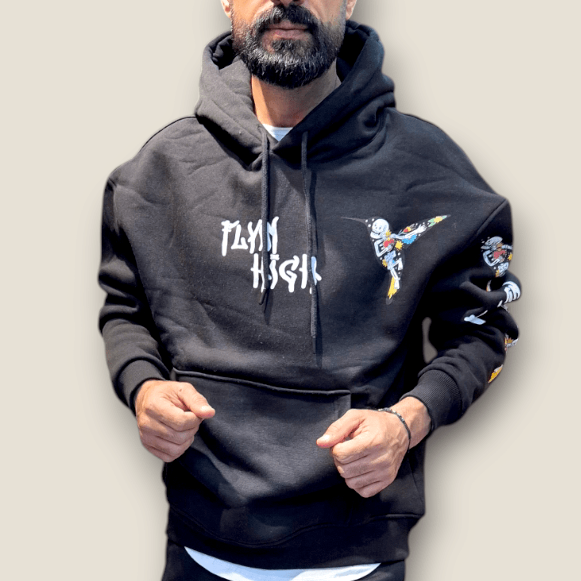 Siyah Enjeksiyon Baskı Kapüşonlu Sweatshirt