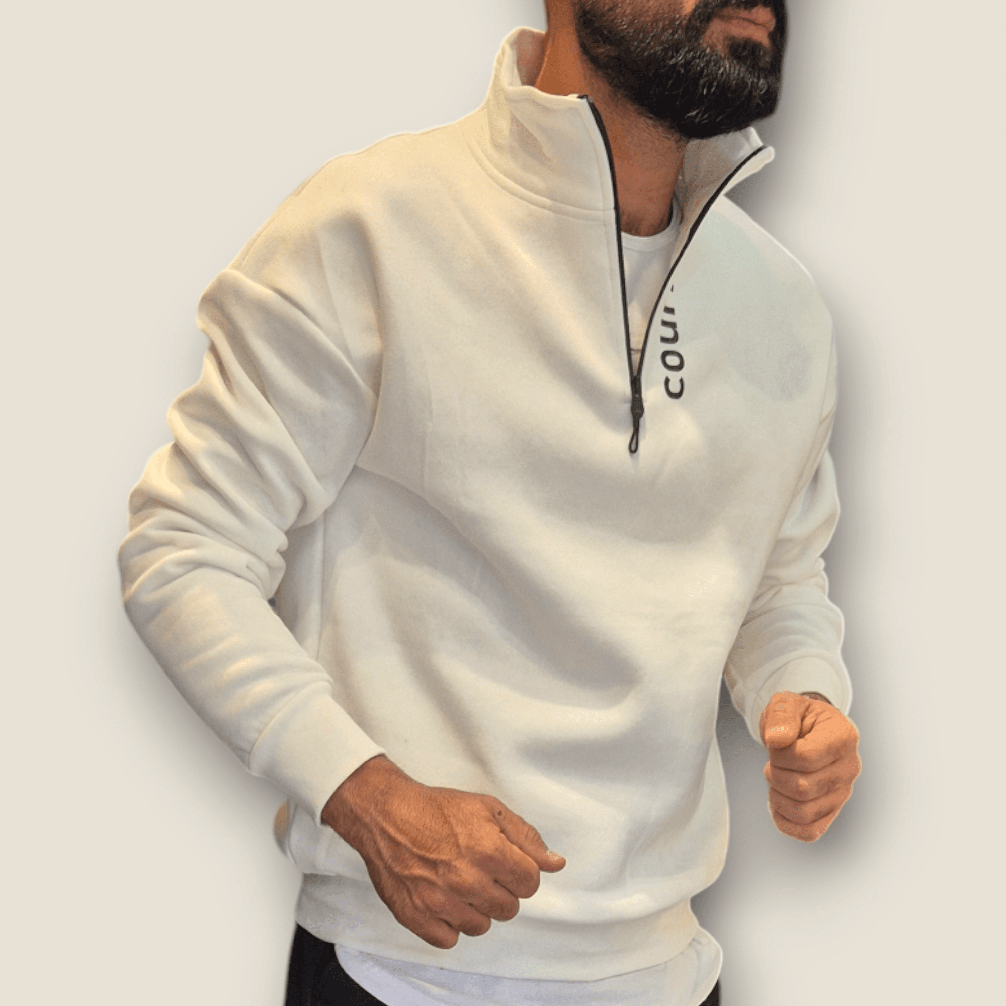 Beyaz Renk Yarım Fermuar Sweatshirt