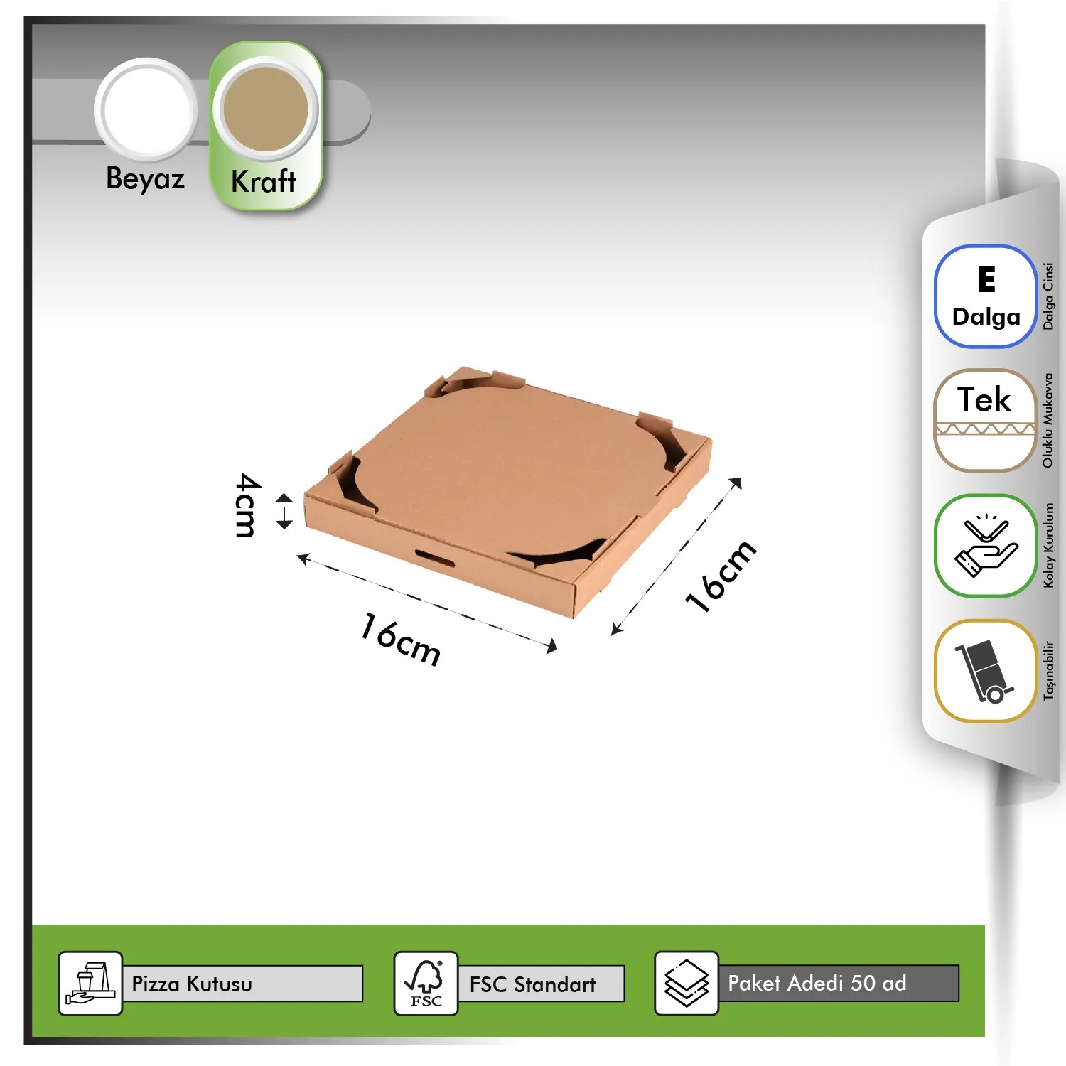Dilim Pizza Kutusu Üstü Kesikli Kraft 16x16x4 cm