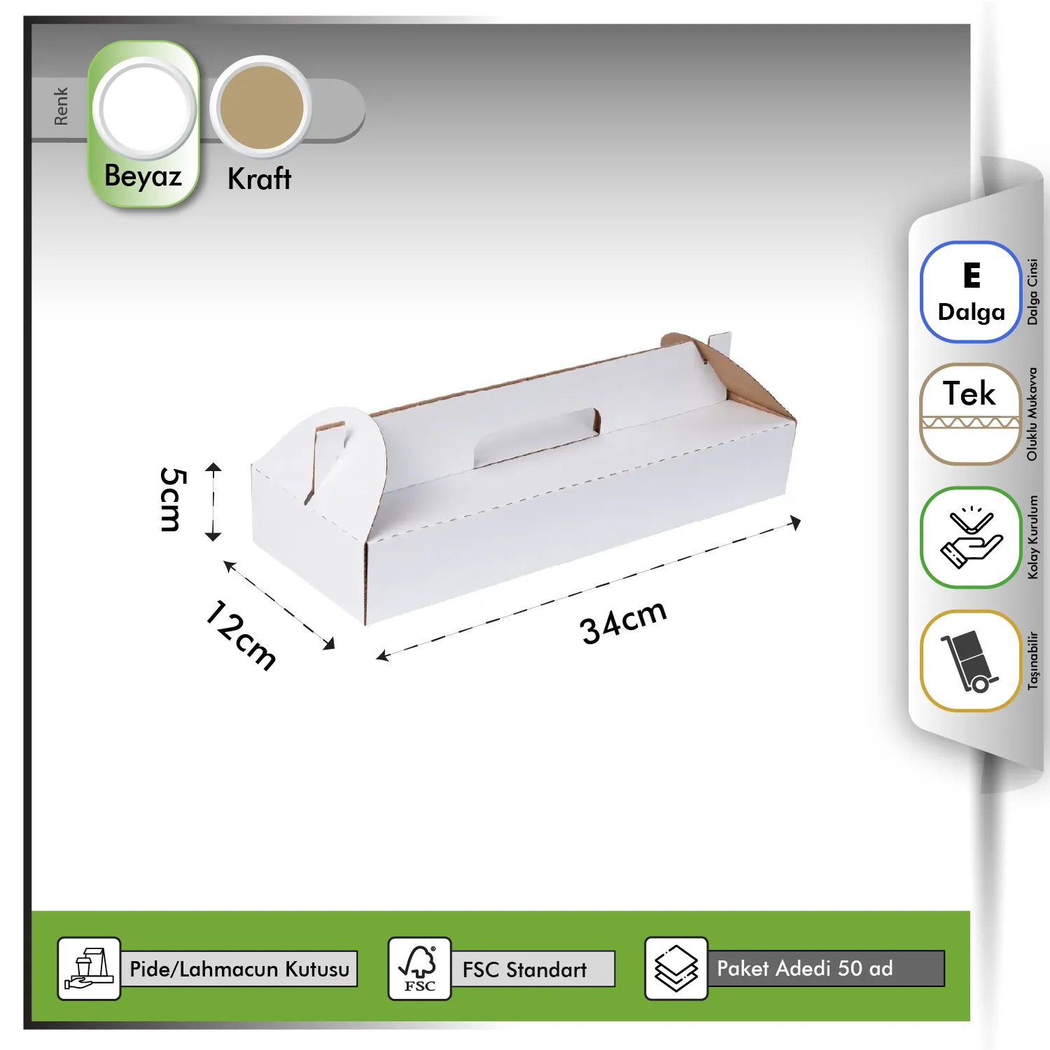 Pide Kutusu Taşıma Saplı Beyaz 34x12x5 cm