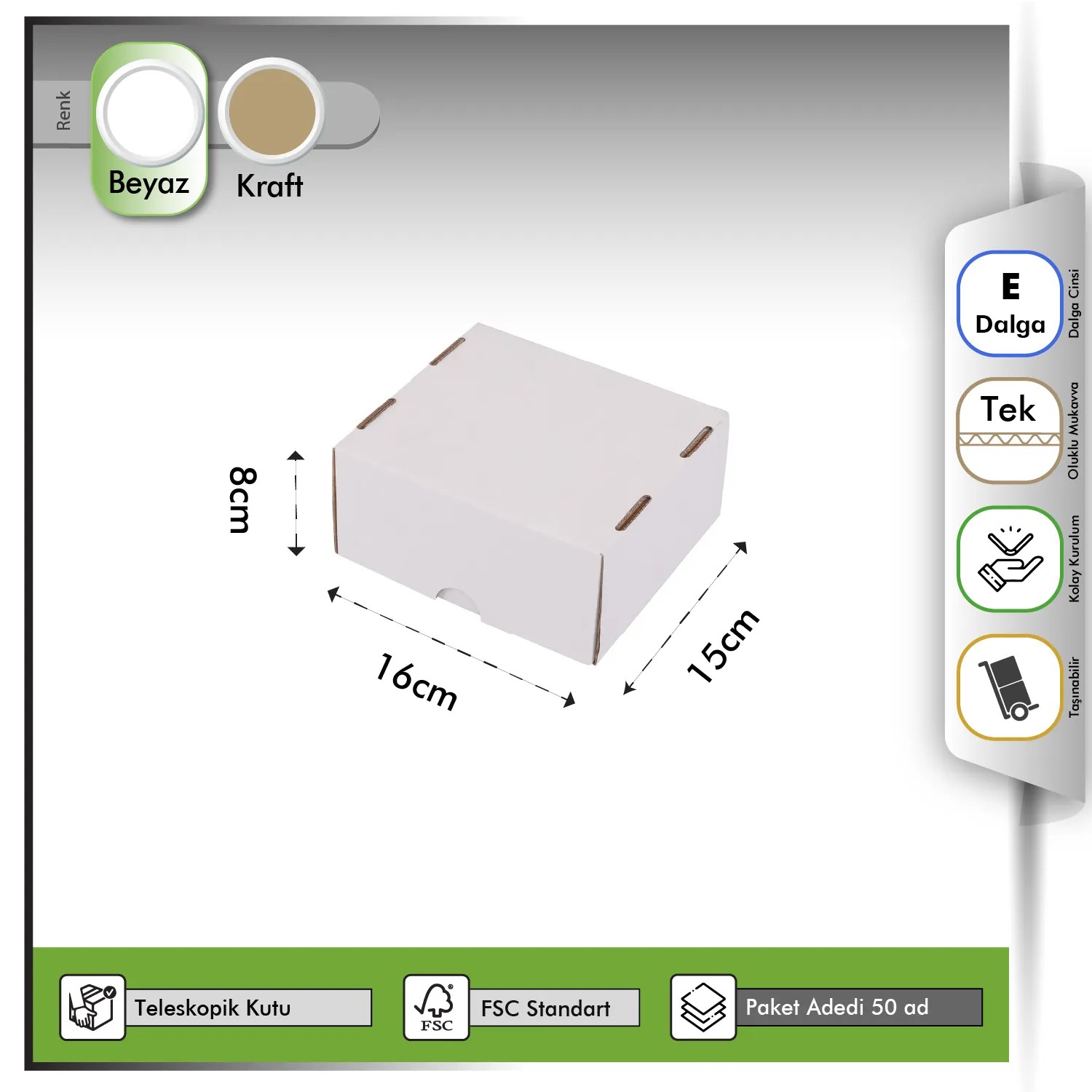16x15x8 cm Beyaz E-ticaret Kutusu Gövde+Kapak