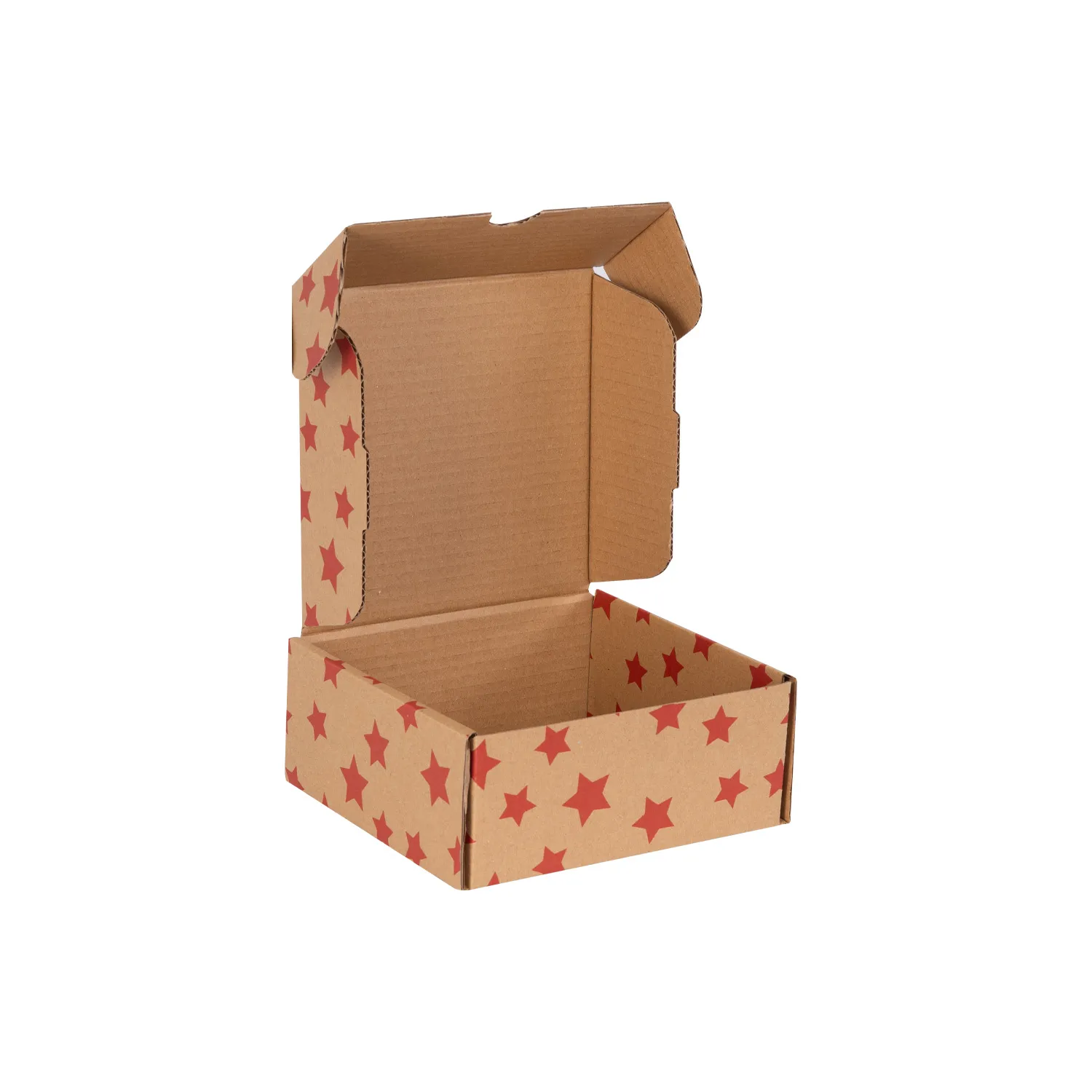 Hediye Kutusu Kırmızı Yıldız Baskılı Kendinden Kapaklı Kraft 18x18x8 cm