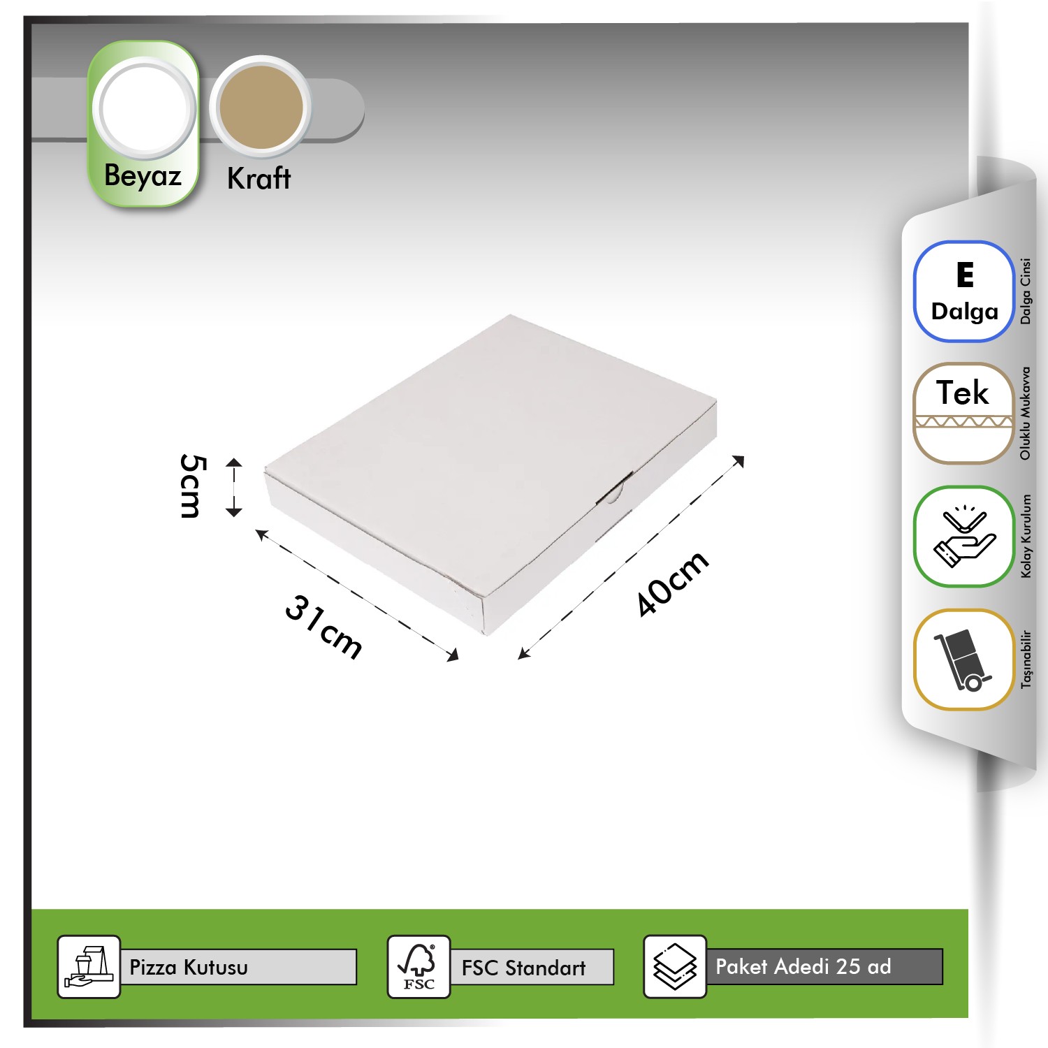 40x31x5 cm Beyaz Pizza Kutusu 