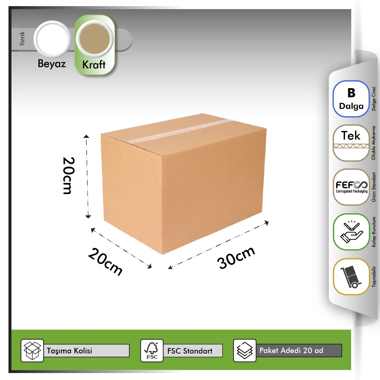 Taşıma Kolisi Tek Oluklu Kraft 30x20x20 cm