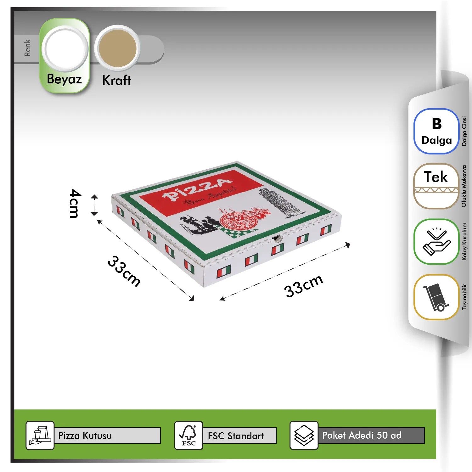 Pizza Kutusu Yazılı-Kule-İtalyan Bayrak Baskılı Beyaz 33x33x4 cm